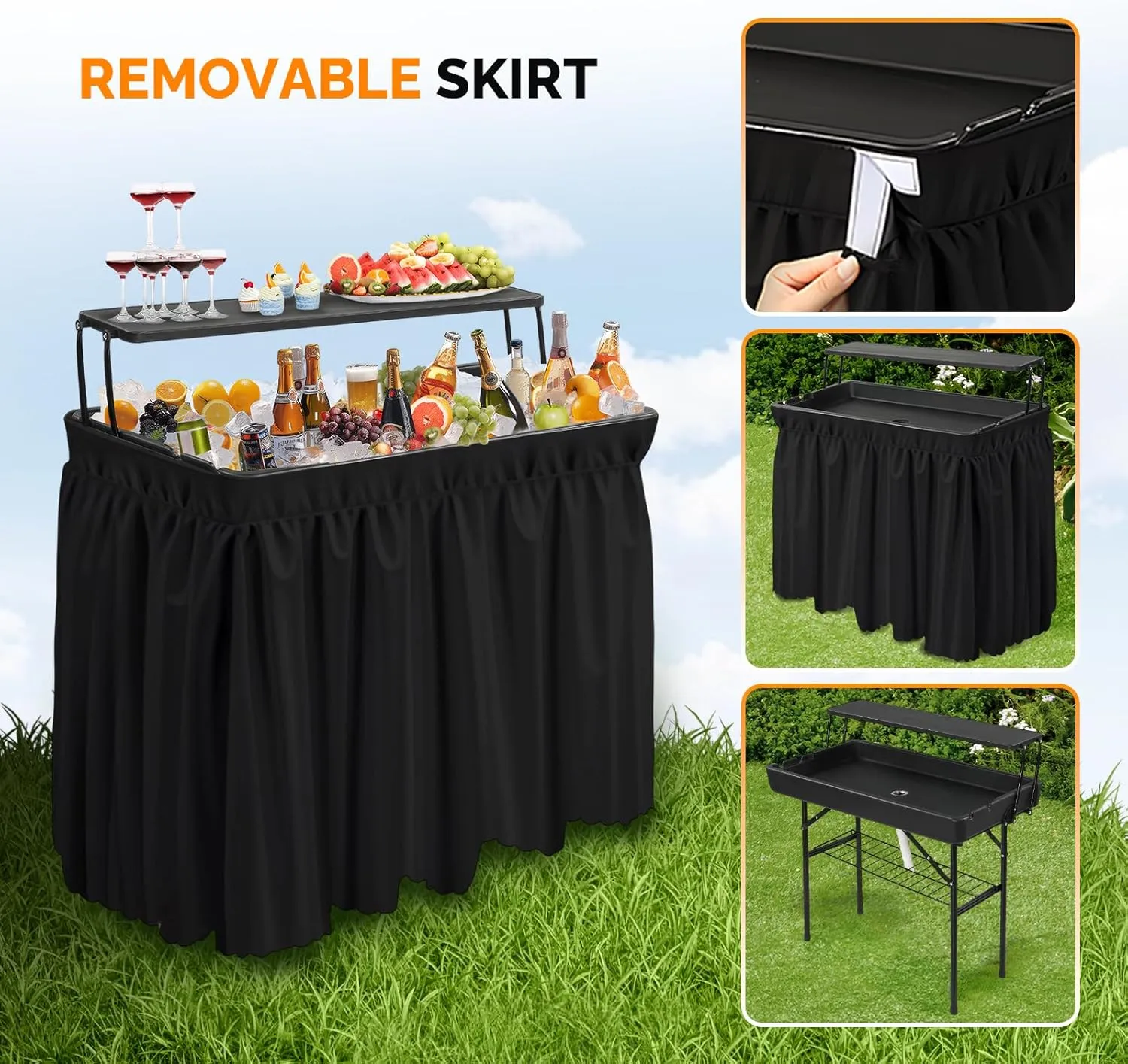 VINGLI Portable Cooler Table with Extra Storage Shelf, Alloy Steel, Black, Picetable Model