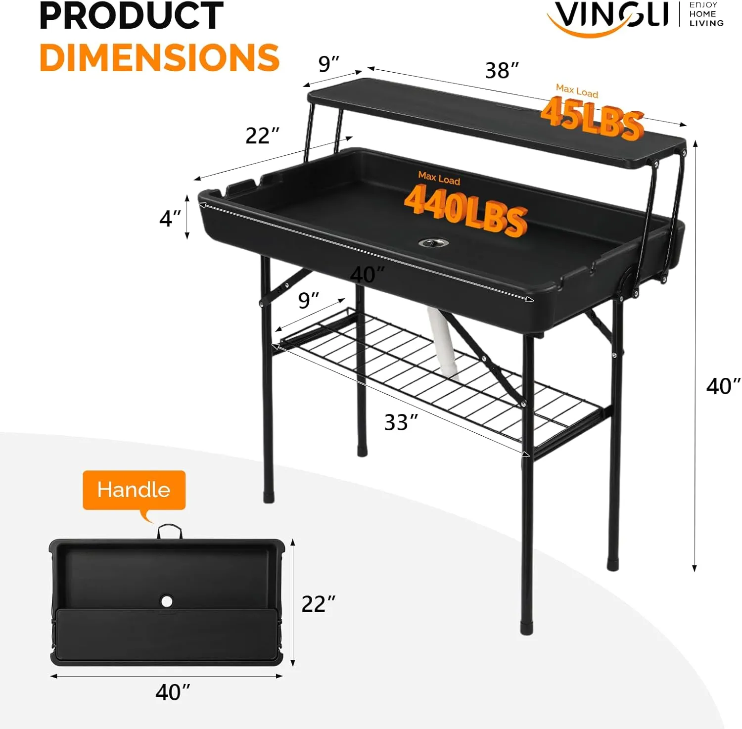 VINGLI Portable Cooler Table with Extra Storage Shelf, Alloy Steel, Black, Picetable Model