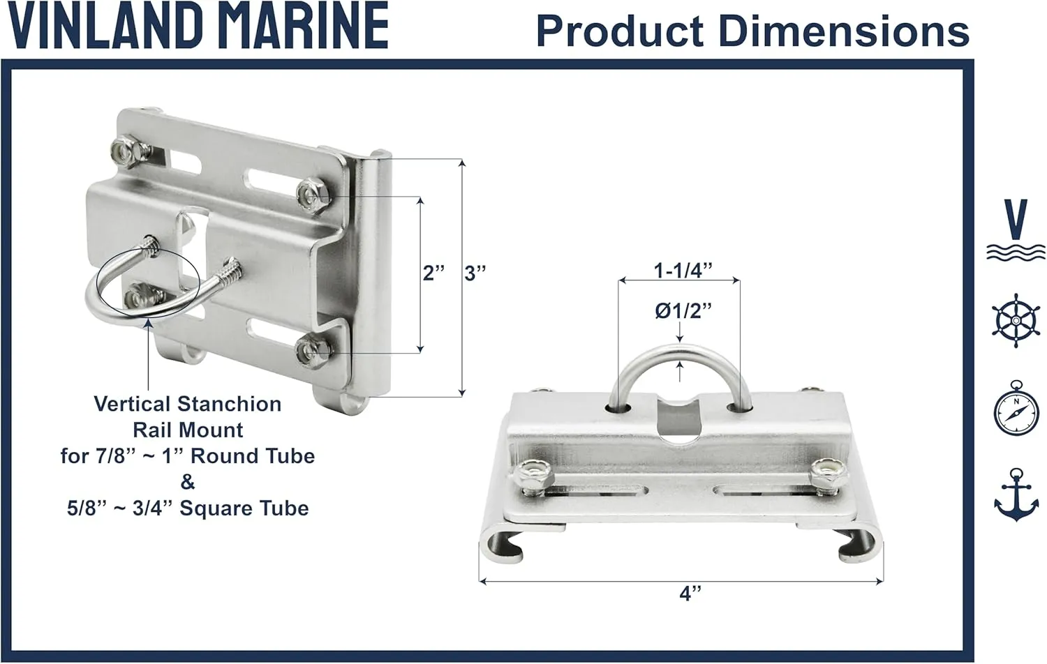 Vinland Marine 304 Stainless Steel Anchor Mount Bracket, Horizontal or Vertical Mount, for Square & Round Tubes, Anchor Holder Boat Anchor Holder, Anchor Bracket Hook