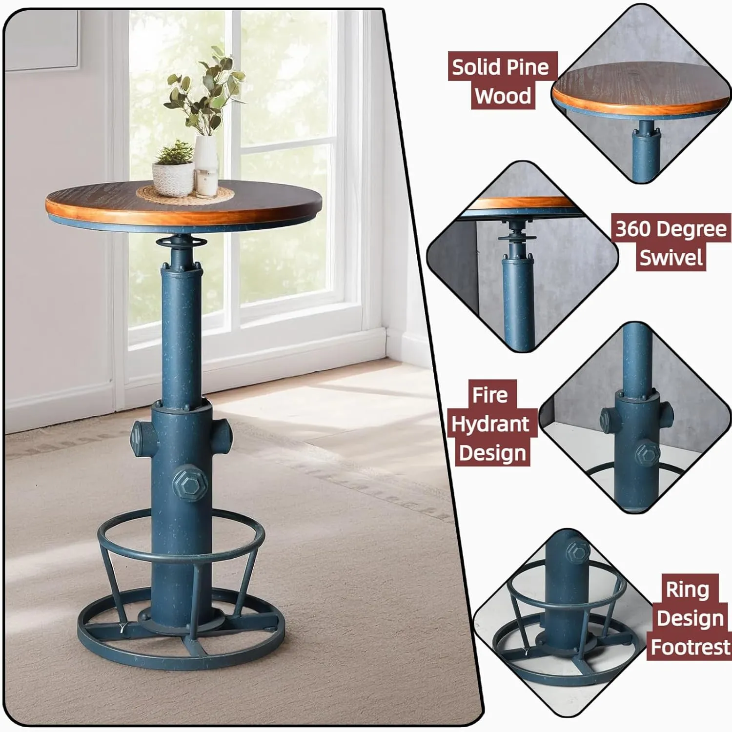 Vintage High Pub Table Industrial Bistro Bar Table Farmhouse Round Coffee Table Fire Hydrant Design Kitchen Dining Table for 2-3 People 38.6-44.4 inch Height Adjustable