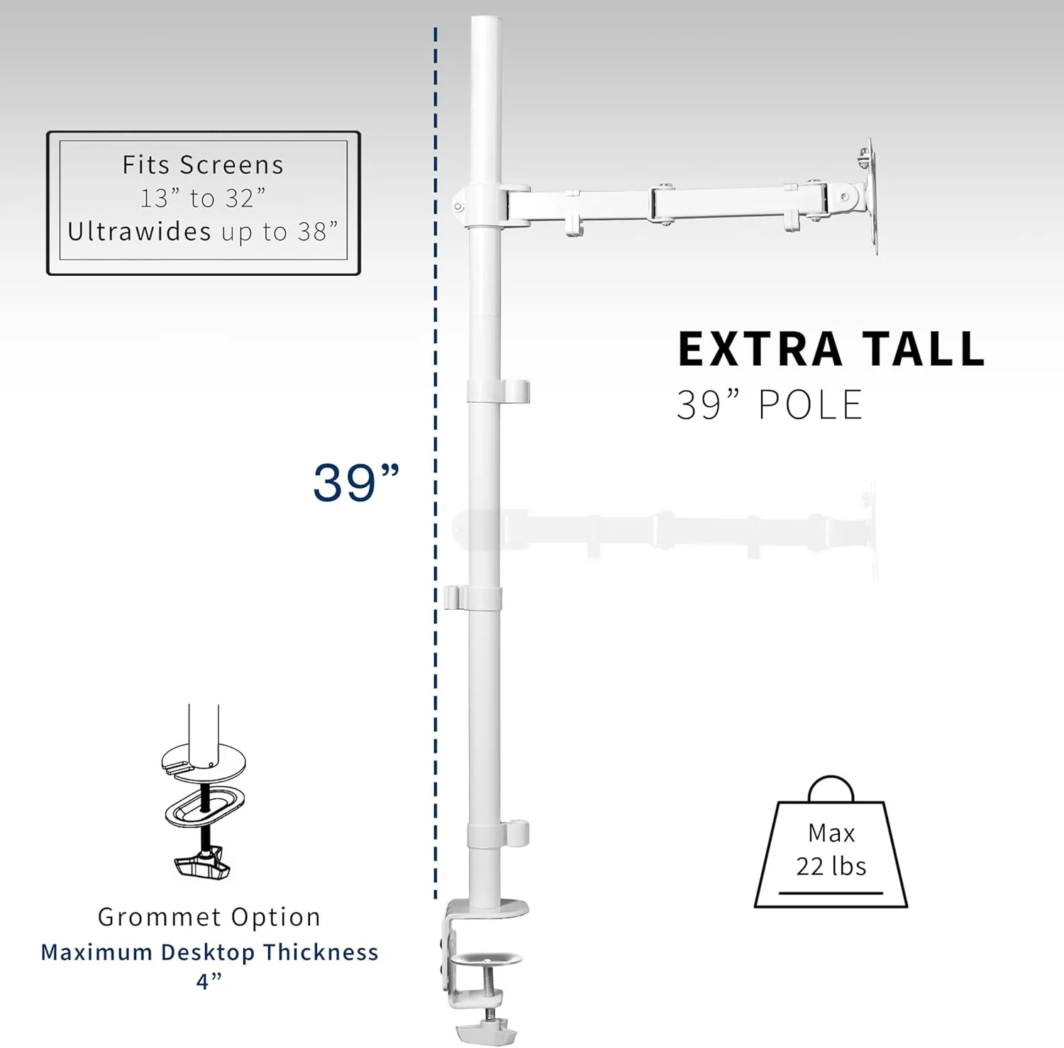 VIVO Extra Tall Single Monitor Desk Mount Stand with 39 inch Pole, Features Full Adjustability - Tilt and Articulation, Holds 13 to 32 inch Screens up to 10kg with VESA Mounting, White, STAND-V011W