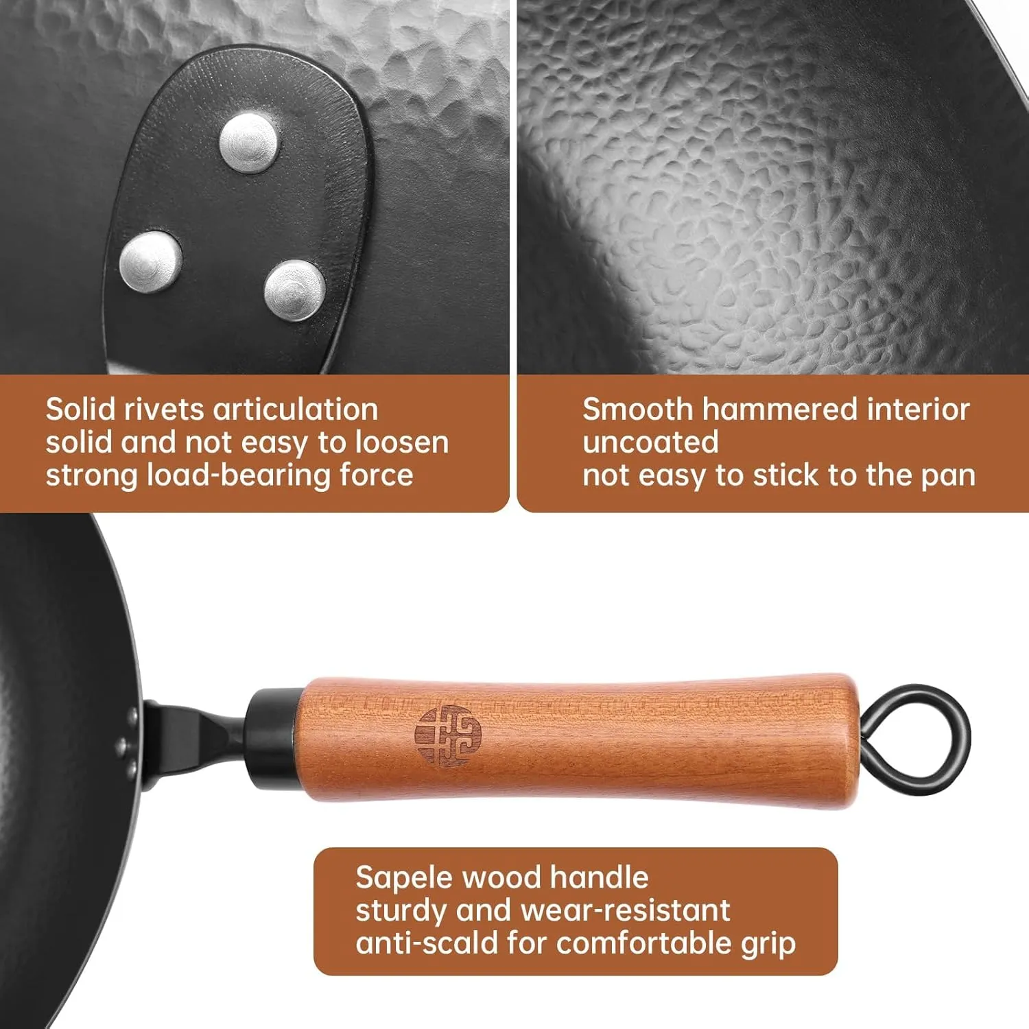 WANGYUANJI 11-Inch Carbon Steel Frying Pan with Beech Wooden Handle & Glass Lid - Physical Non-Stick, Non-Coating Skillet for Induction, Sautéing, Frying, Stir-Frying