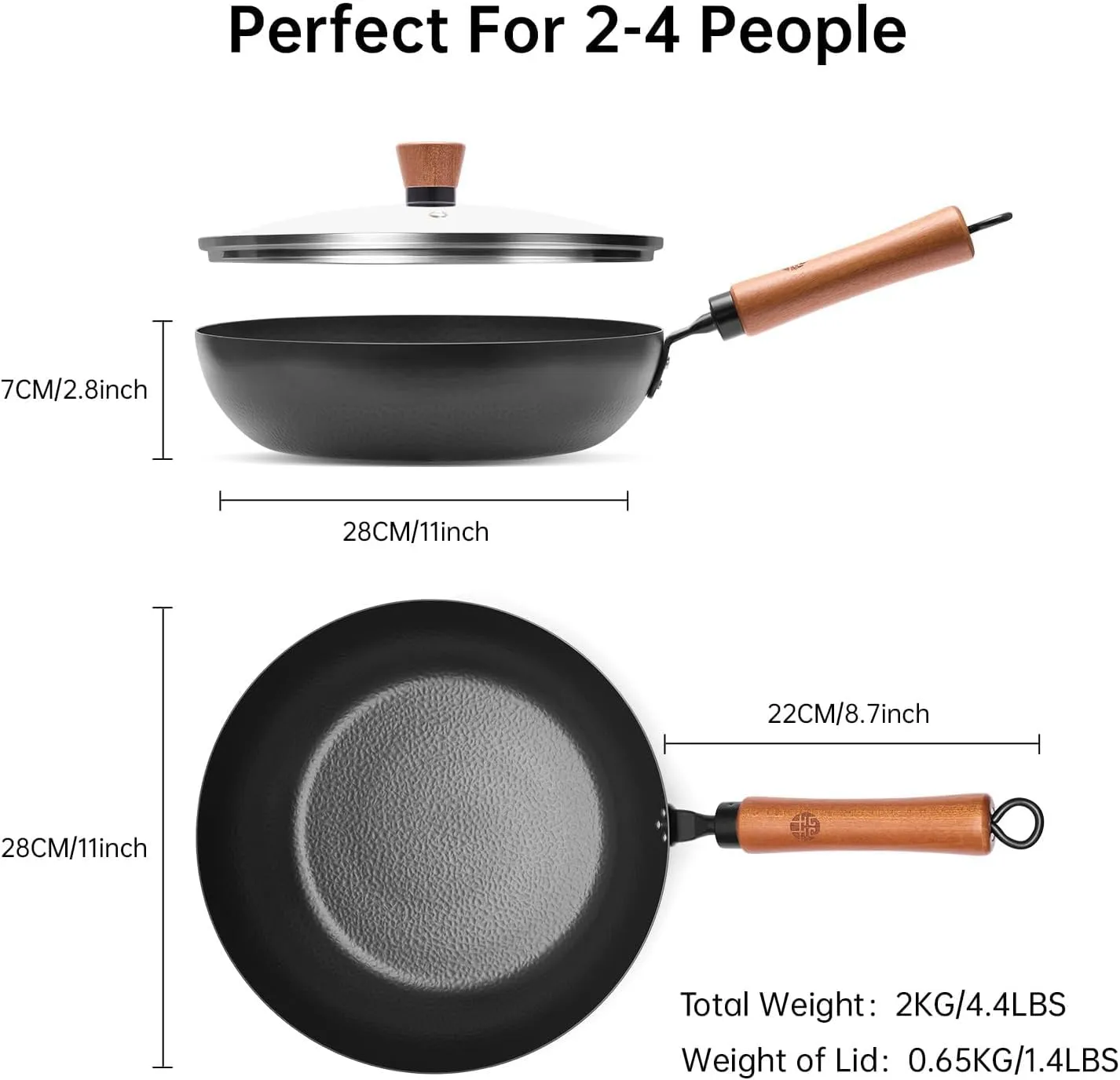 WANGYUANJI 11-Inch Carbon Steel Frying Pan with Beech Wooden Handle & Glass Lid - Physical Non-Stick, Non-Coating Skillet for Induction, Sautéing, Frying, Stir-Frying