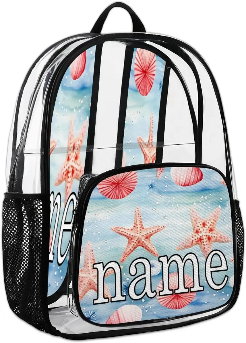 Watercolor Starfish Personalized Clear Backpack Custom Waterproof PVC Transparent Backpack with Name Heavy Duty Transparent Bag for Work Travel Concerts