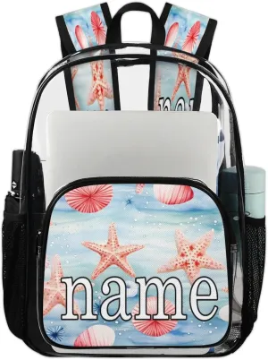 Watercolor Starfish Personalized Clear Backpack Custom Waterproof PVC Transparent Backpack with Name Heavy Duty Transparent Bag for Work Travel Concerts