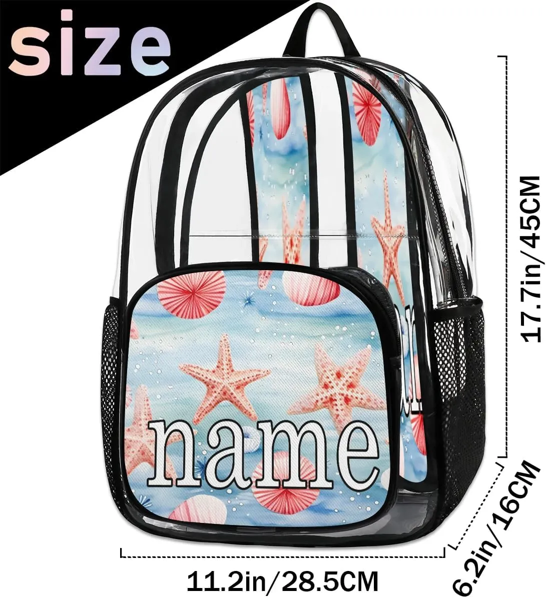 Watercolor Starfish Personalized Clear Backpack Custom Waterproof PVC Transparent Backpack with Name Heavy Duty Transparent Bag for Work Travel Concerts