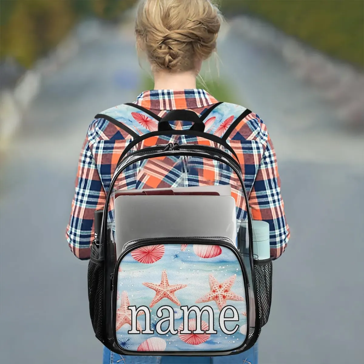 Watercolor Starfish Personalized Clear Backpack Custom Waterproof PVC Transparent Backpack with Name Heavy Duty Transparent Bag for Work Travel Concerts