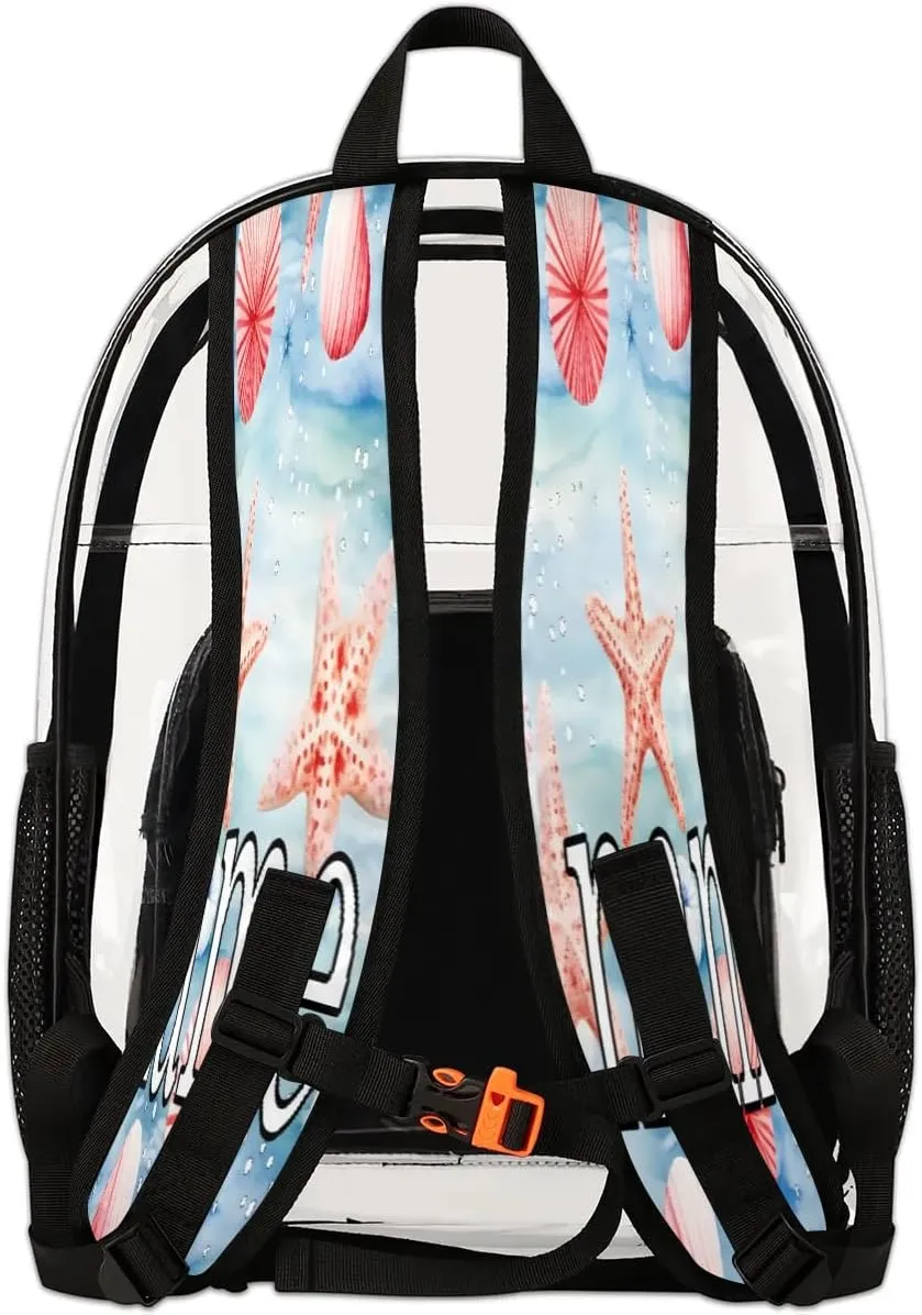 Watercolor Starfish Personalized Clear Backpack Custom Waterproof PVC Transparent Backpack with Name Heavy Duty Transparent Bag for Work Travel Concerts