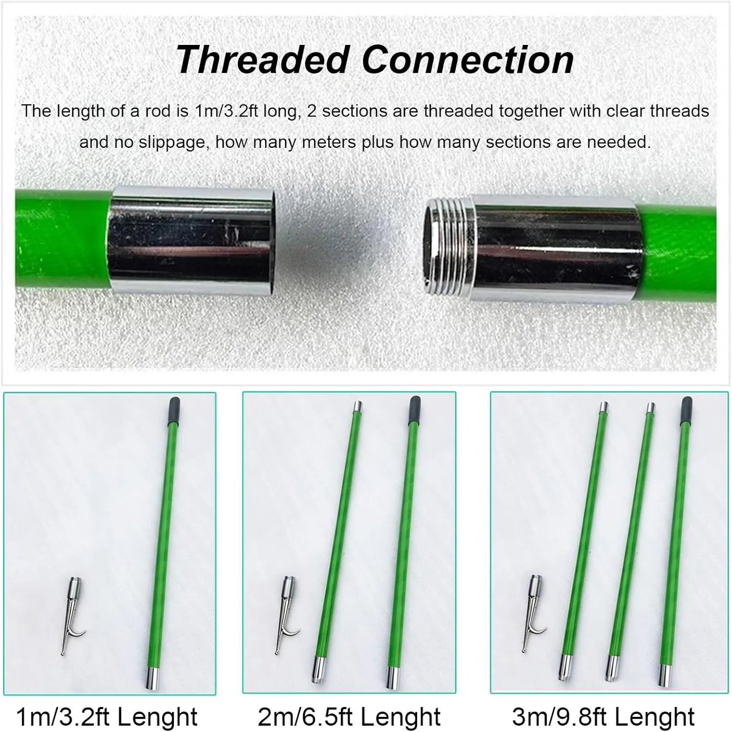 WDJBPSH Commercial Push Pole for Boat with Removable Stainless Steel Hook, Green Rescue Poles for Life Raft/Yacht/Motorboat/Pool Water Salvage Tools