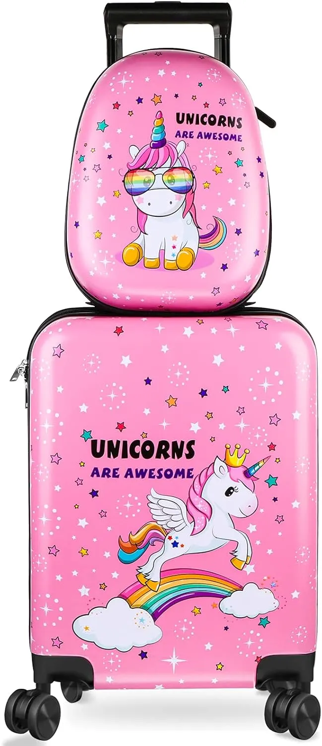 Weewooday Kids Luggage and Backpack 18" Suitcase with Spinner Wheel Hard Case Travel 13" Backpack Girl Suitcase Set for Kids Travel Supplies(Pink,Unicorn Style)