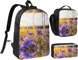 Wild Flowers and Cornflowers Daisies3 print Backpack 3pcs Set Including 17 Inch Large BookBag With Lunch Bag And Practical Pen Bag