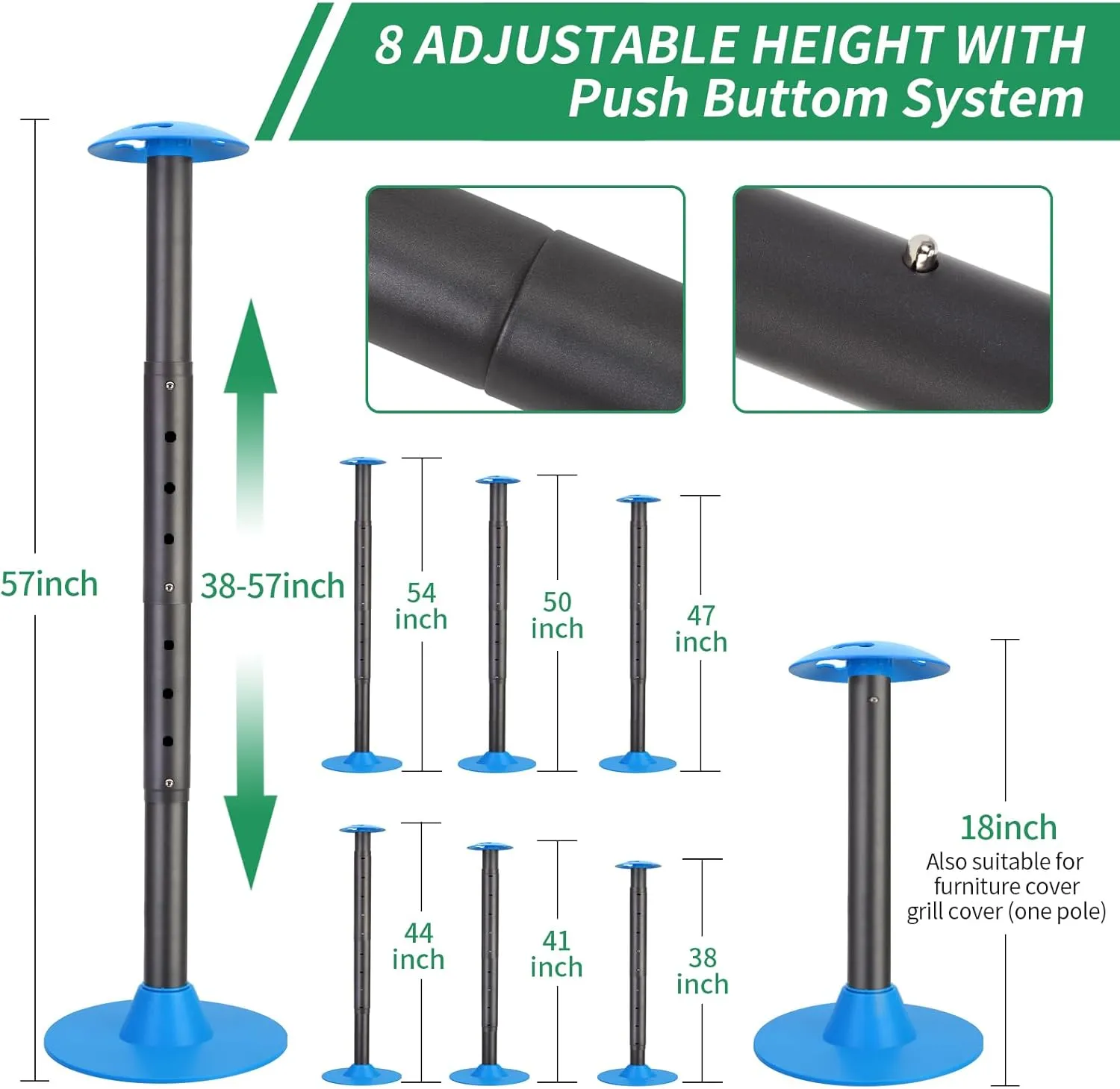 Windproof Boat Cover Support Pole System 1 Pcs with 8 Adjustable Heights Telescoping Steel Furniture Cover Support Poles 18"-57" with Straps Storage Bag