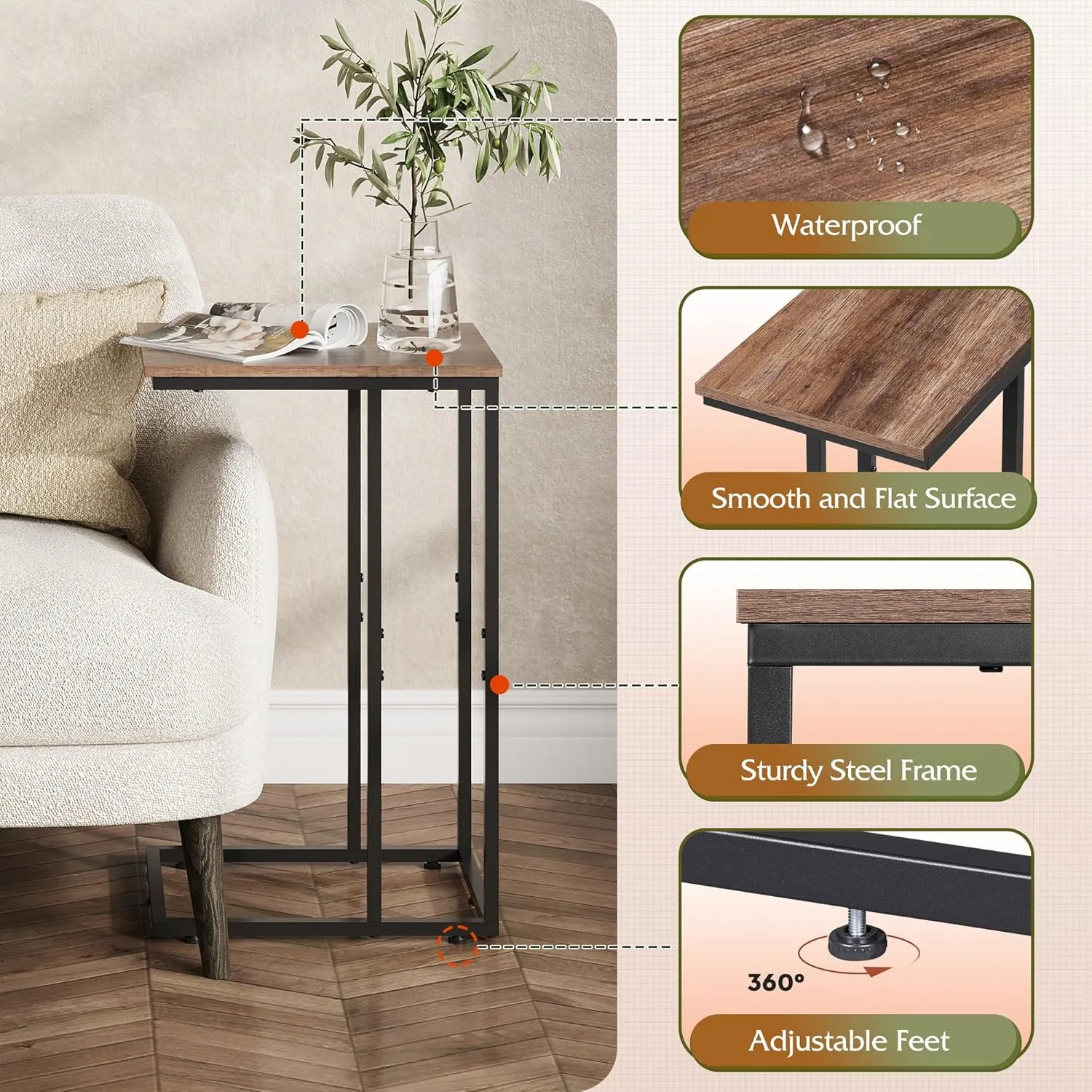WLIVE C Shaped End Table, Small Side Tables for Sofa and Bed, Couch Table That Slides Under for Living Room, Bedroom, Home Office, Small Spaces