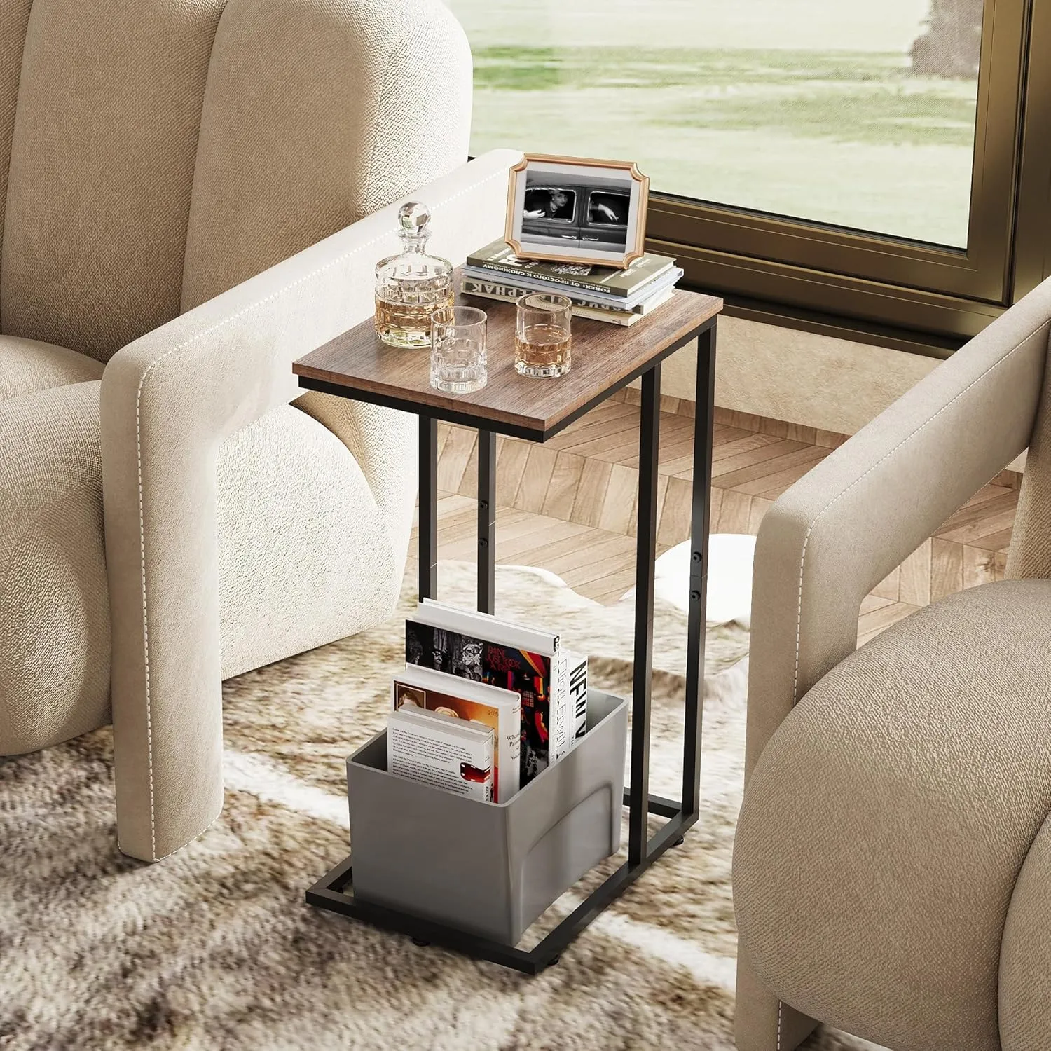 WLIVE C Shaped End Table, Small Side Tables for Sofa and Bed, Couch Table That Slides Under for Living Room, Bedroom, Home Office, Small Spaces