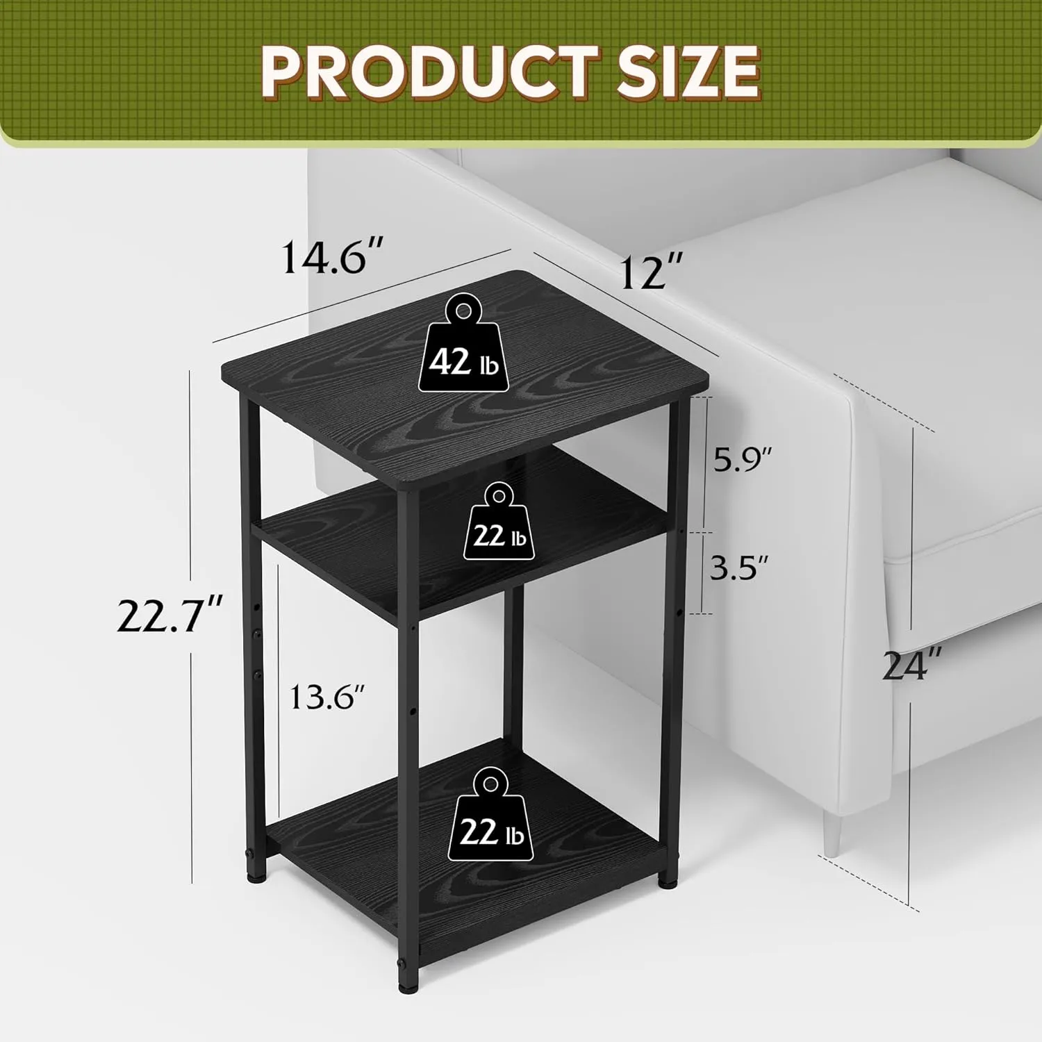 WLIVE End Table, 3-Tier Black Side Tables Living Room, Bedroom, Home Office, Narrow Side Table for Small Spaces