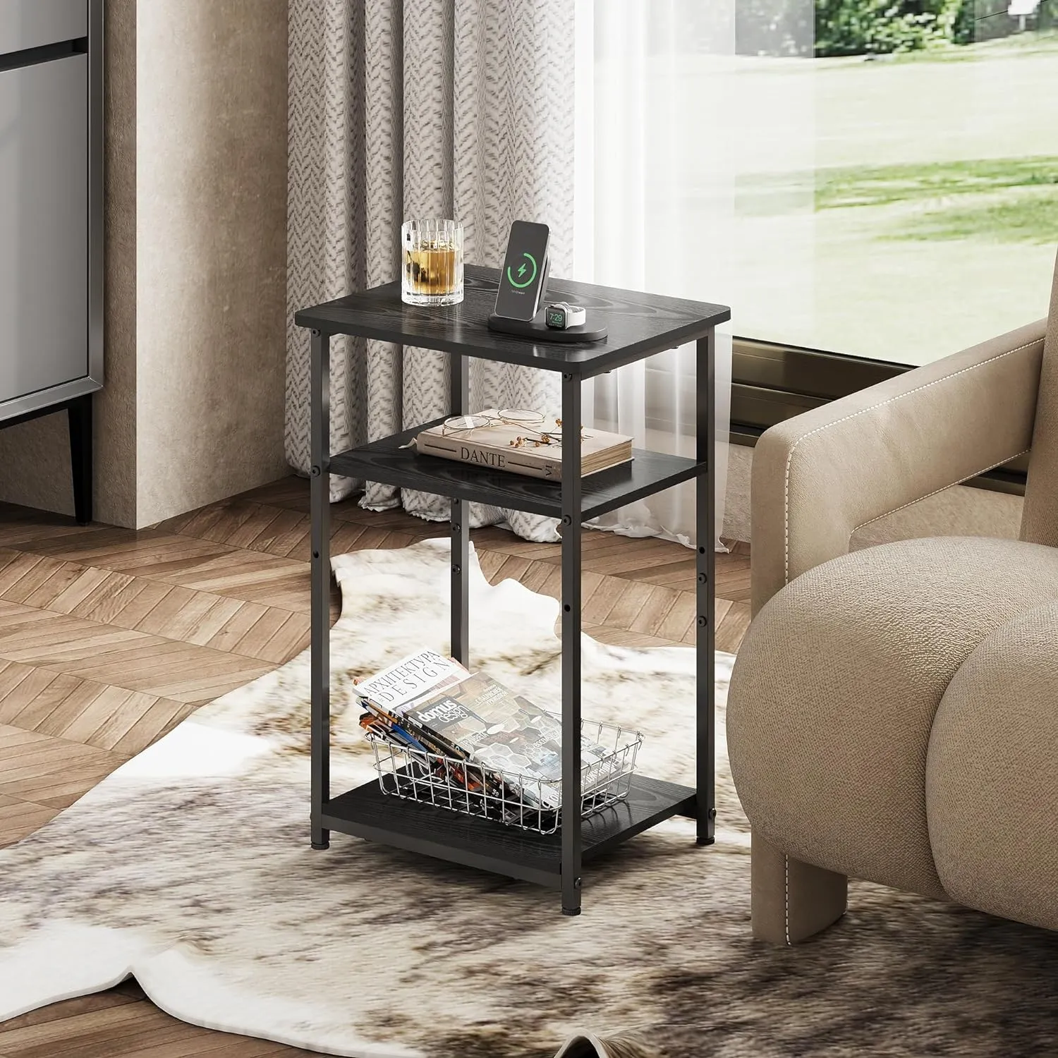 WLIVE End Table, 3-Tier Black Side Tables Living Room, Bedroom, Home Office, Narrow Side Table for Small Spaces
