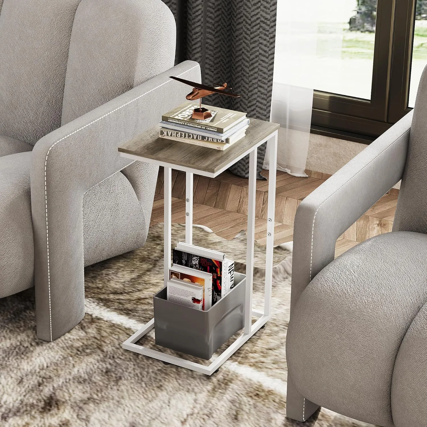 WLIVE Greige Side Tables Living Room, C Shaped End Table for Couch, Sofa and Bed, Large Desktop C Table for Bedroom, Home Office, Small Spaces