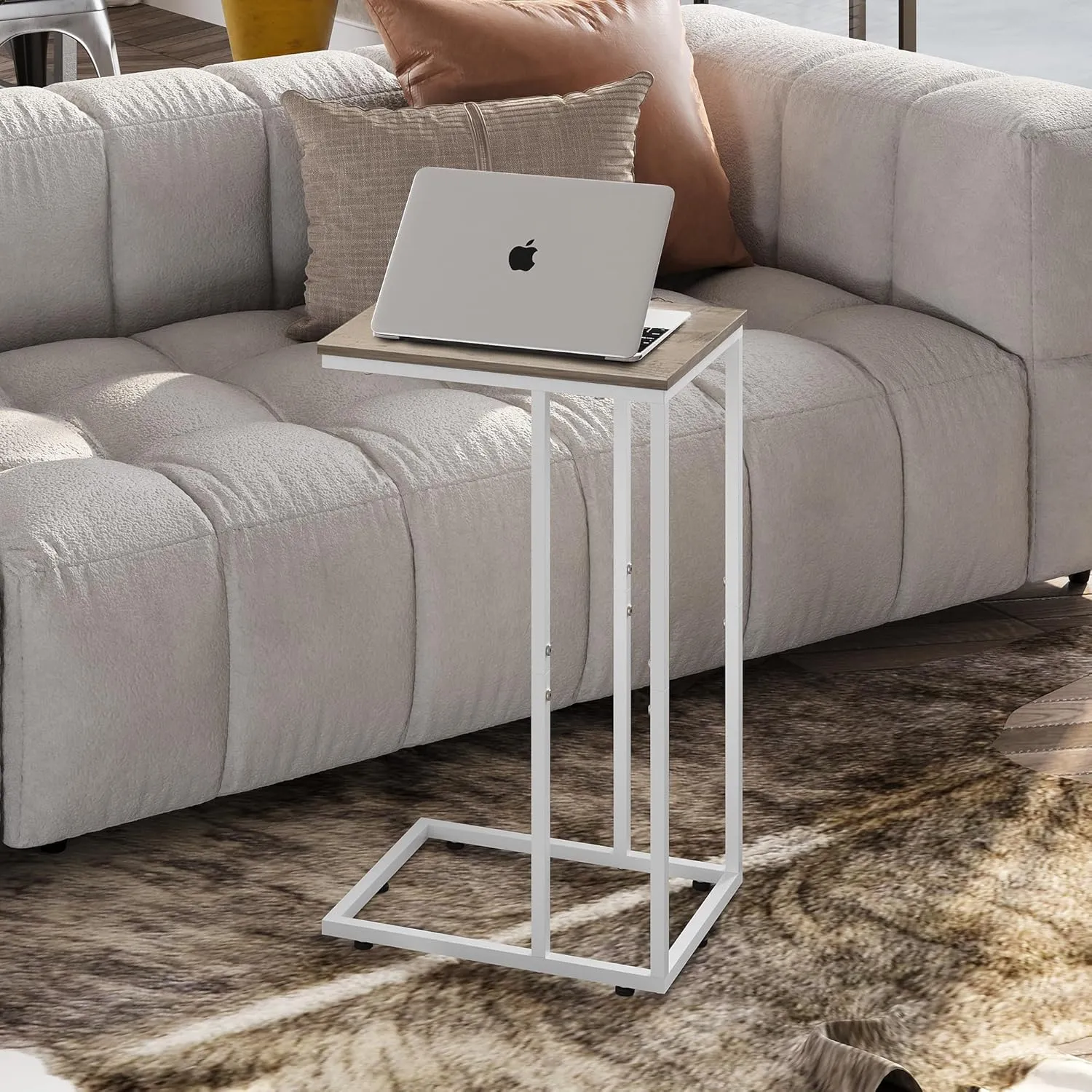 WLIVE Greige Side Tables Living Room, C Shaped End Table for Couch, Sofa and Bed, Large Desktop C Table for Bedroom, Home Office, Small Spaces