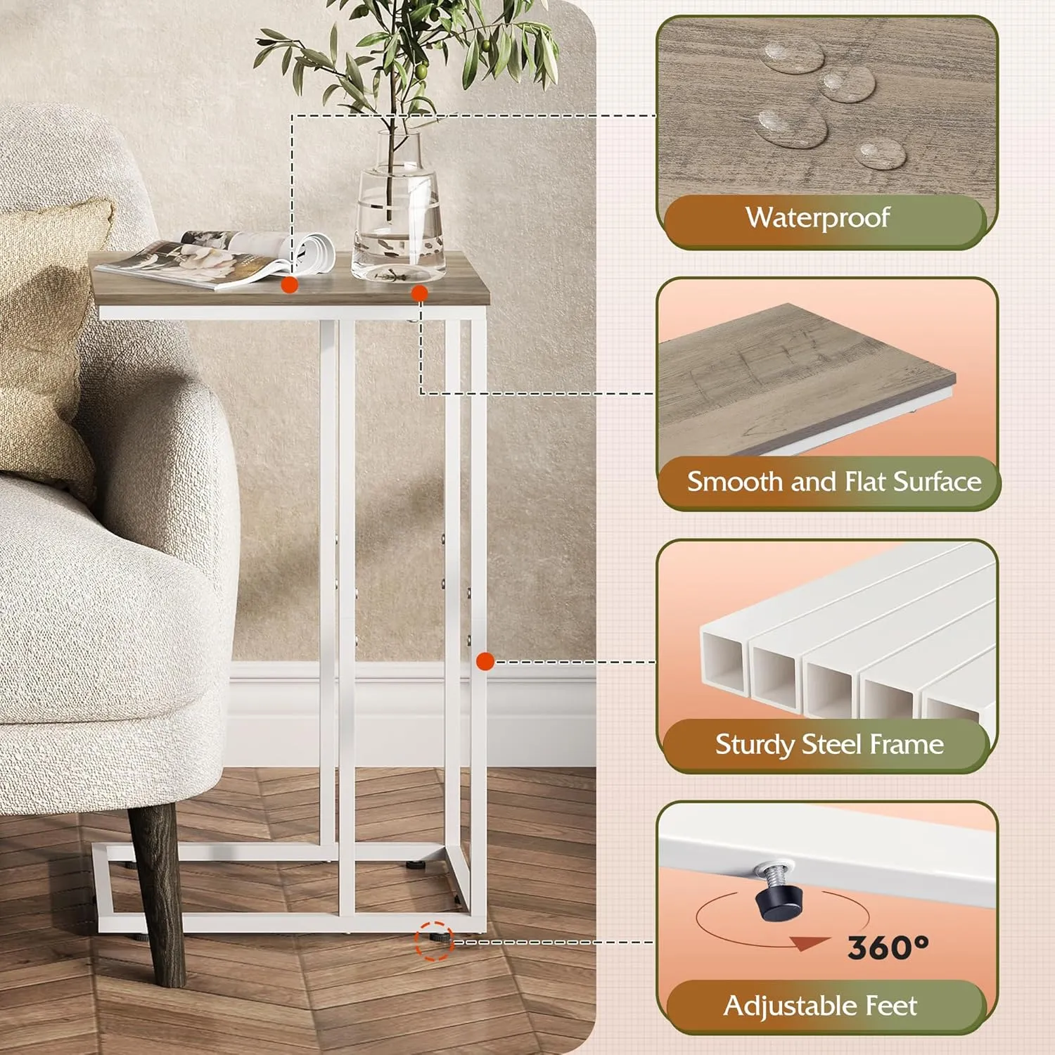 WLIVE Greige Side Tables Living Room, C Shaped End Table for Couch, Sofa and Bed, Large Desktop C Table for Bedroom, Home Office, Small Spaces