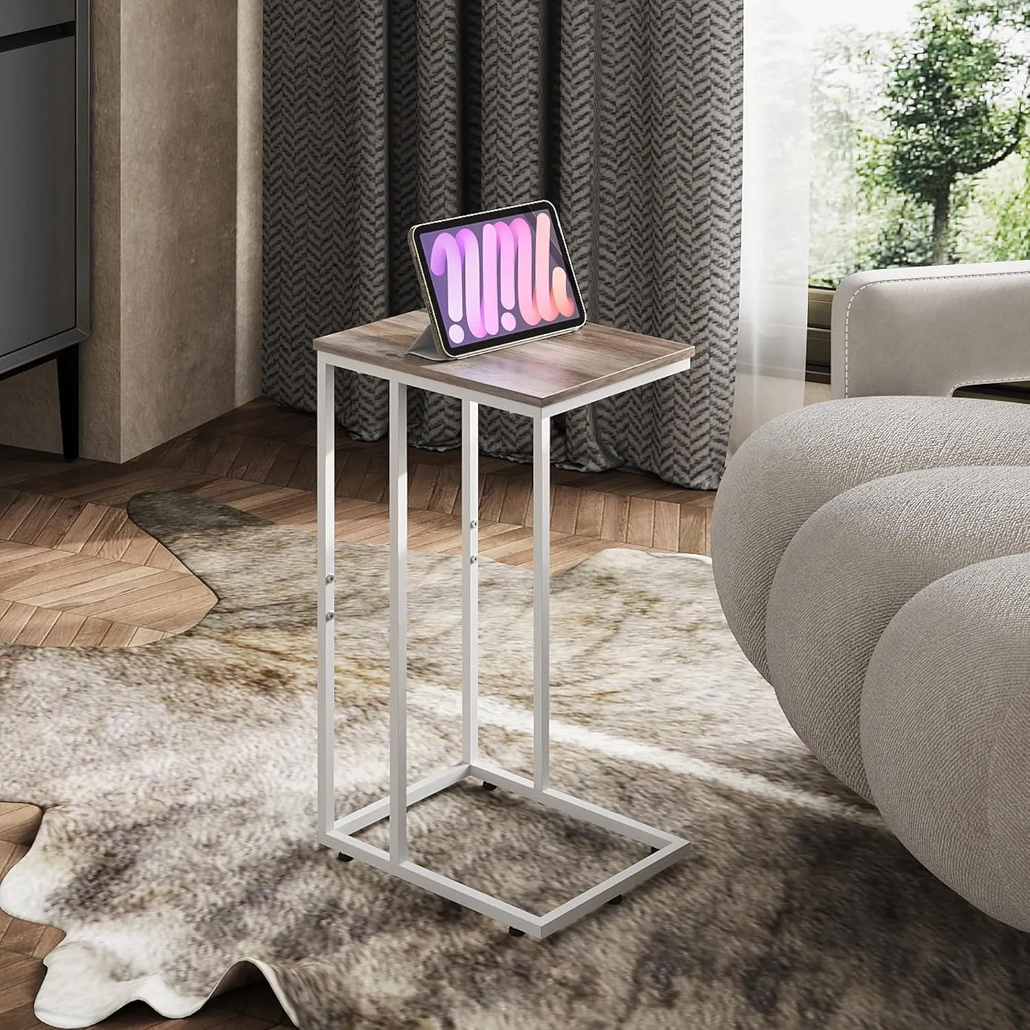 WLIVE Greige Side Tables Living Room, C Shaped End Table for Couch, Sofa and Bed, Large Desktop C Table for Bedroom, Home Office, Small Spaces