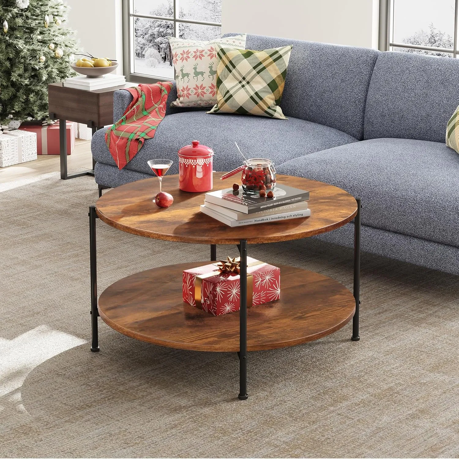 WLIVE Round Coffee Table, 32.6" Small Coffee Table with Storage Shelf, 2-Tier Circle Wood Center Table for Living Room, Apartment, Rustic Brown