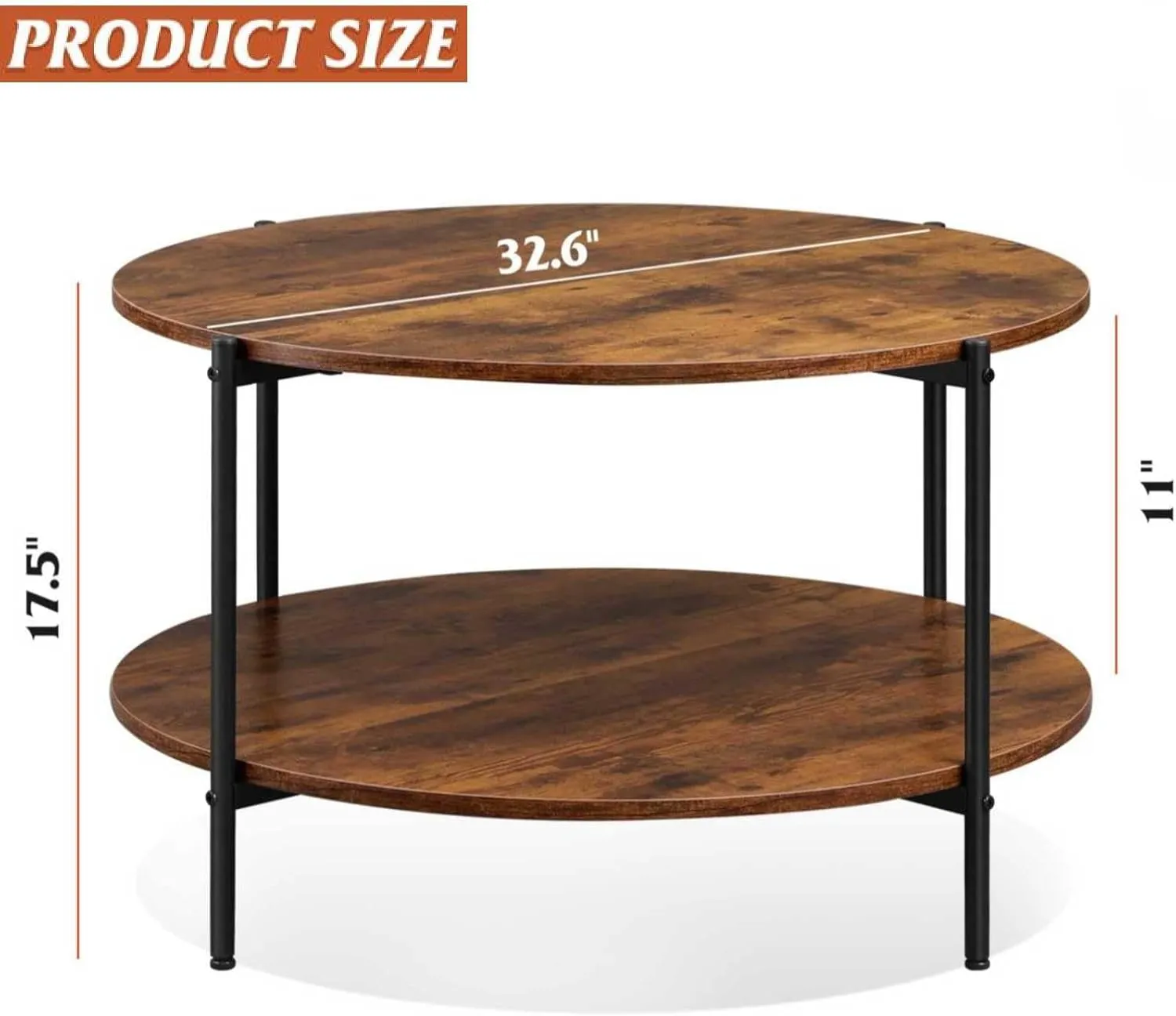 WLIVE Round Coffee Table, 32.6" Small Coffee Table with Storage Shelf, 2-Tier Circle Wood Center Table for Living Room, Apartment, Rustic Brown