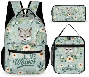 Wolf Backpack with Lunch Box & Pencil Case for Kids Girls Boys School, 16 Inch Cute Wolf Bookbag, School Backpack for Students Children, Lightweight, Large Capacity