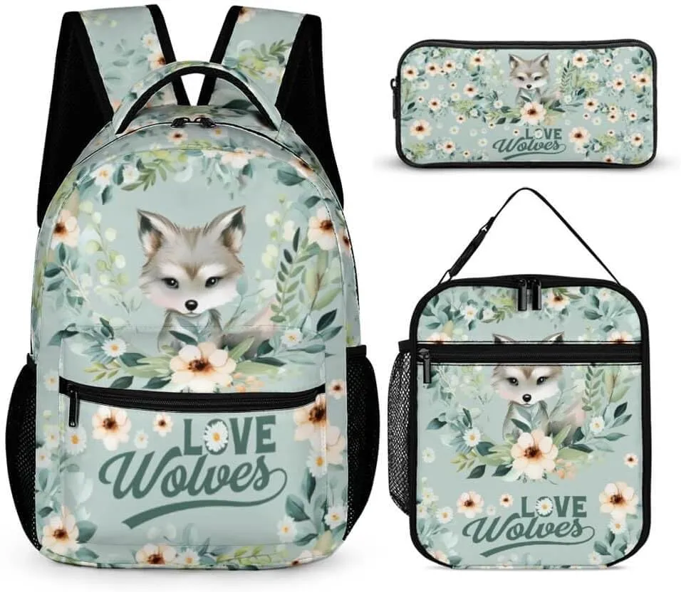 Wolf Backpack with Lunch Box & Pencil Case for Kids Girls Boys School, 16 Inch Cute Wolf Bookbag, School Backpack for Students Children, Lightweight, Large Capacity