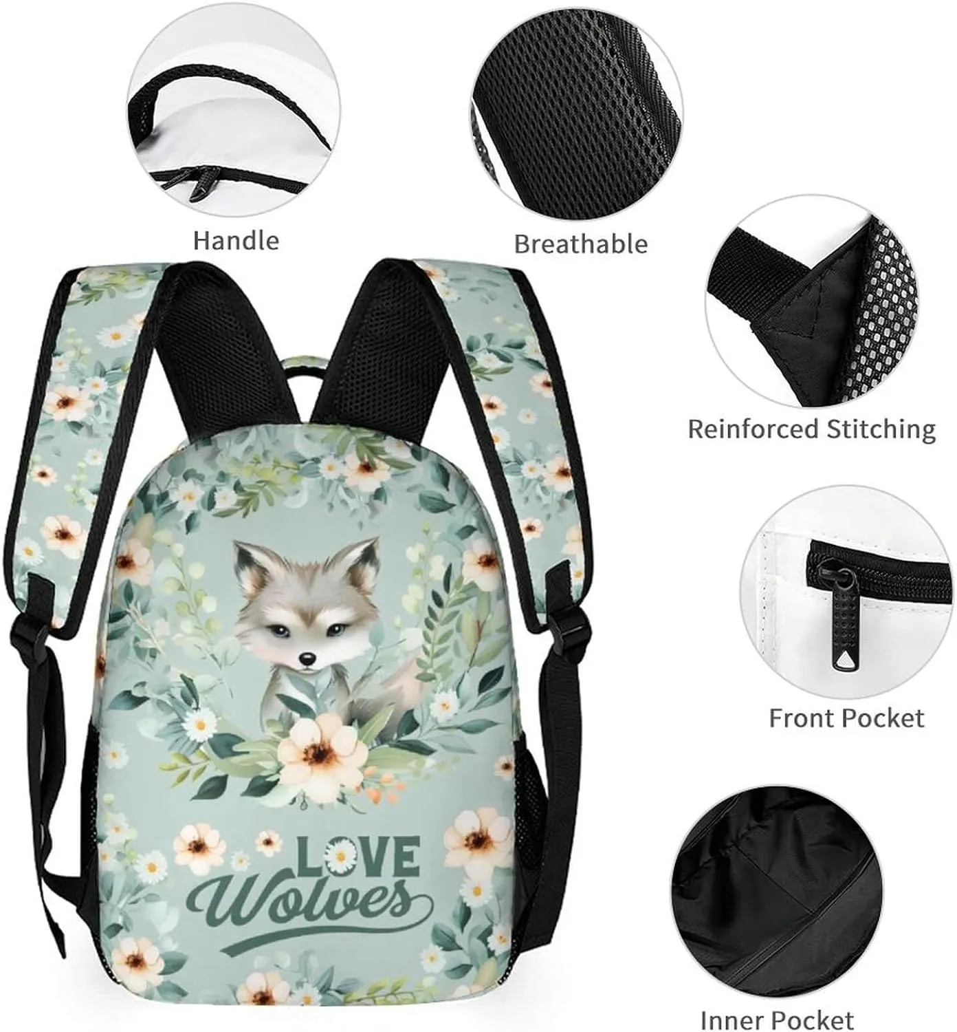 Wolf Backpack with Lunch Box & Pencil Case for Kids Girls Boys School, 16 Inch Cute Wolf Bookbag, School Backpack for Students Children, Lightweight, Large Capacity
