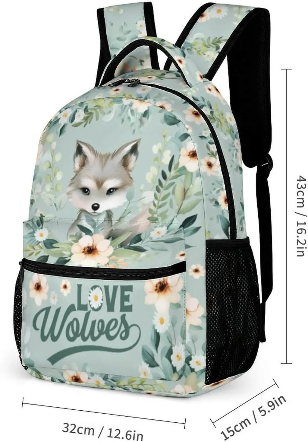 Wolf Backpack with Lunch Box & Pencil Case for Kids Girls Boys School, 16 Inch Cute Wolf Bookbag, School Backpack for Students Children, Lightweight, Large Capacity