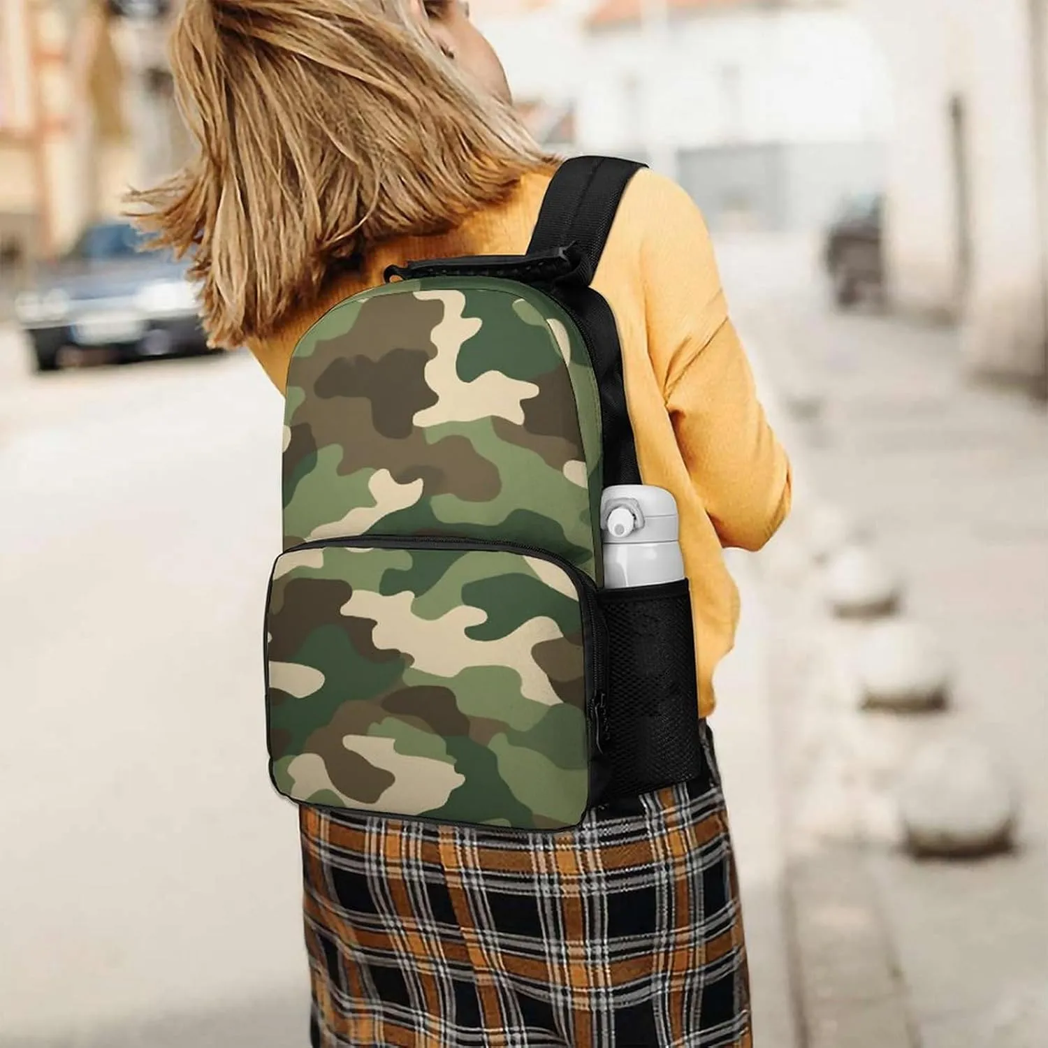 Women Men Polyester Army Green Camouflage Vietnam Tiger Stripe Camo Casual Daypack Large Capacity Bookbag With Side Pockets for Sports Picnic Walking Cycling
