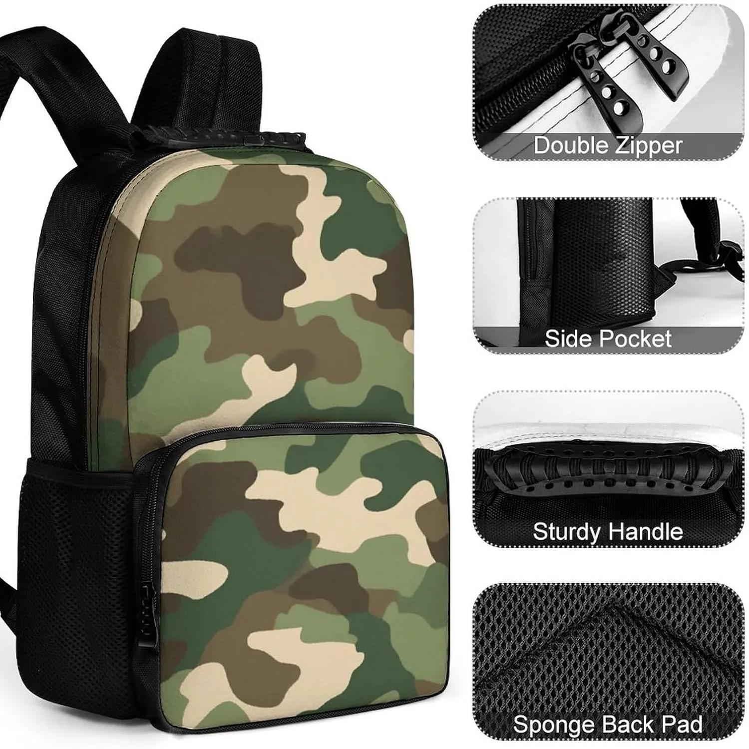 Women Men Polyester Army Green Camouflage Vietnam Tiger Stripe Camo Casual Daypack Large Capacity Bookbag With Side Pockets for Sports Picnic Walking Cycling