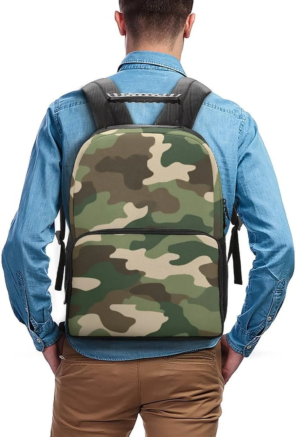 Women Men Polyester Army Green Camouflage Vietnam Tiger Stripe Camo Casual Daypack Large Capacity Bookbag With Side Pockets for Sports Picnic Walking Cycling