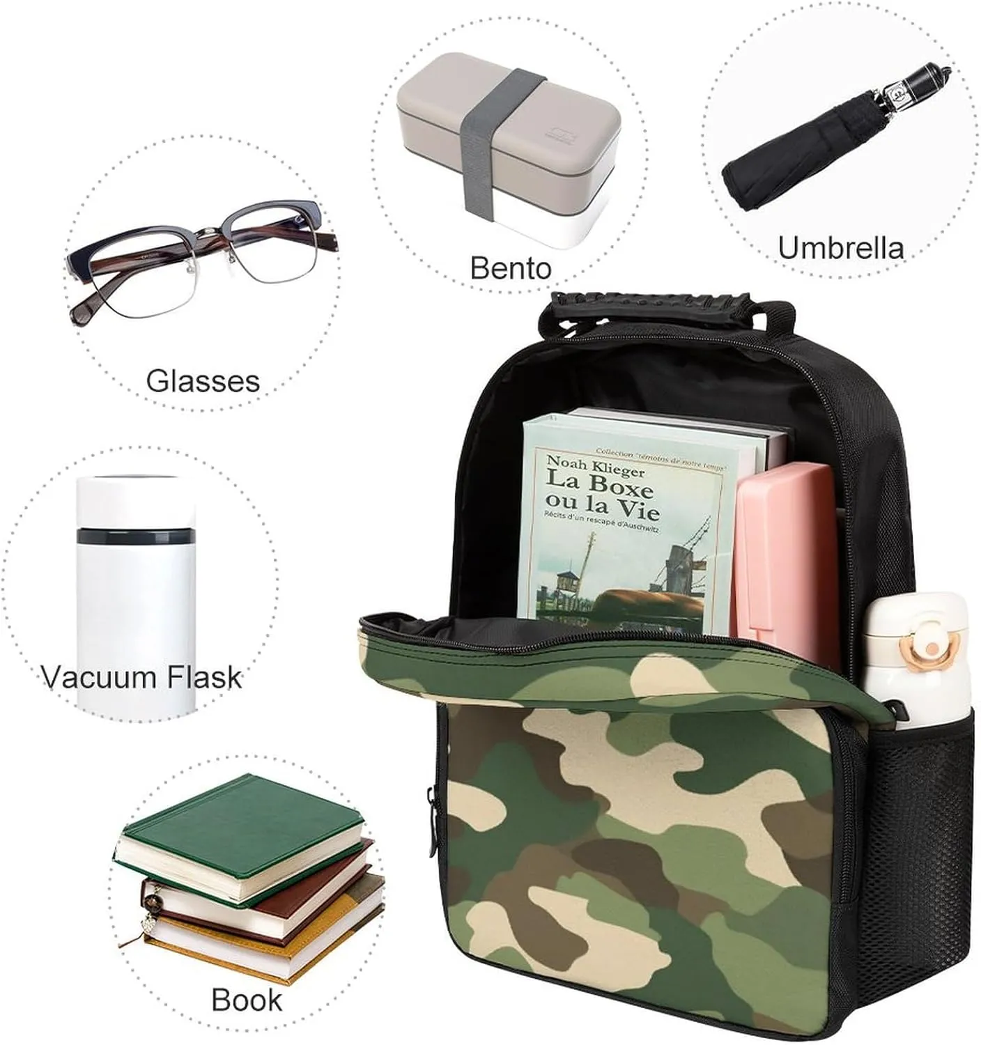 Women Men Polyester Army Green Camouflage Vietnam Tiger Stripe Camo Casual Daypack Large Capacity Bookbag With Side Pockets for Sports Picnic Walking Cycling