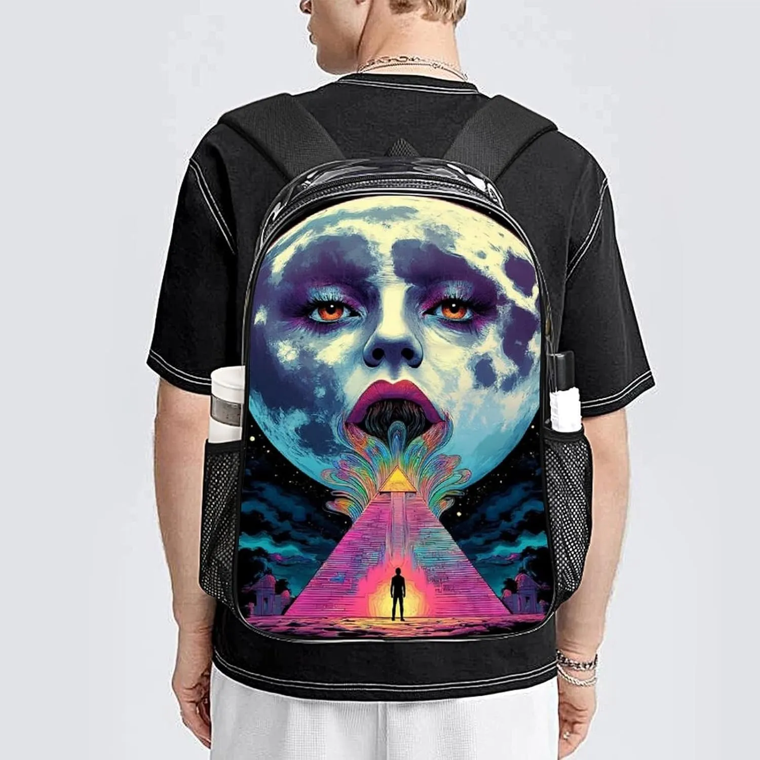 Women Men Transparent Abstract Egyptian Pyramid Spaceship Art Casual Daypack Large Capacity Bookbag With Side Pockets for Sports Picnic Walking Cycling