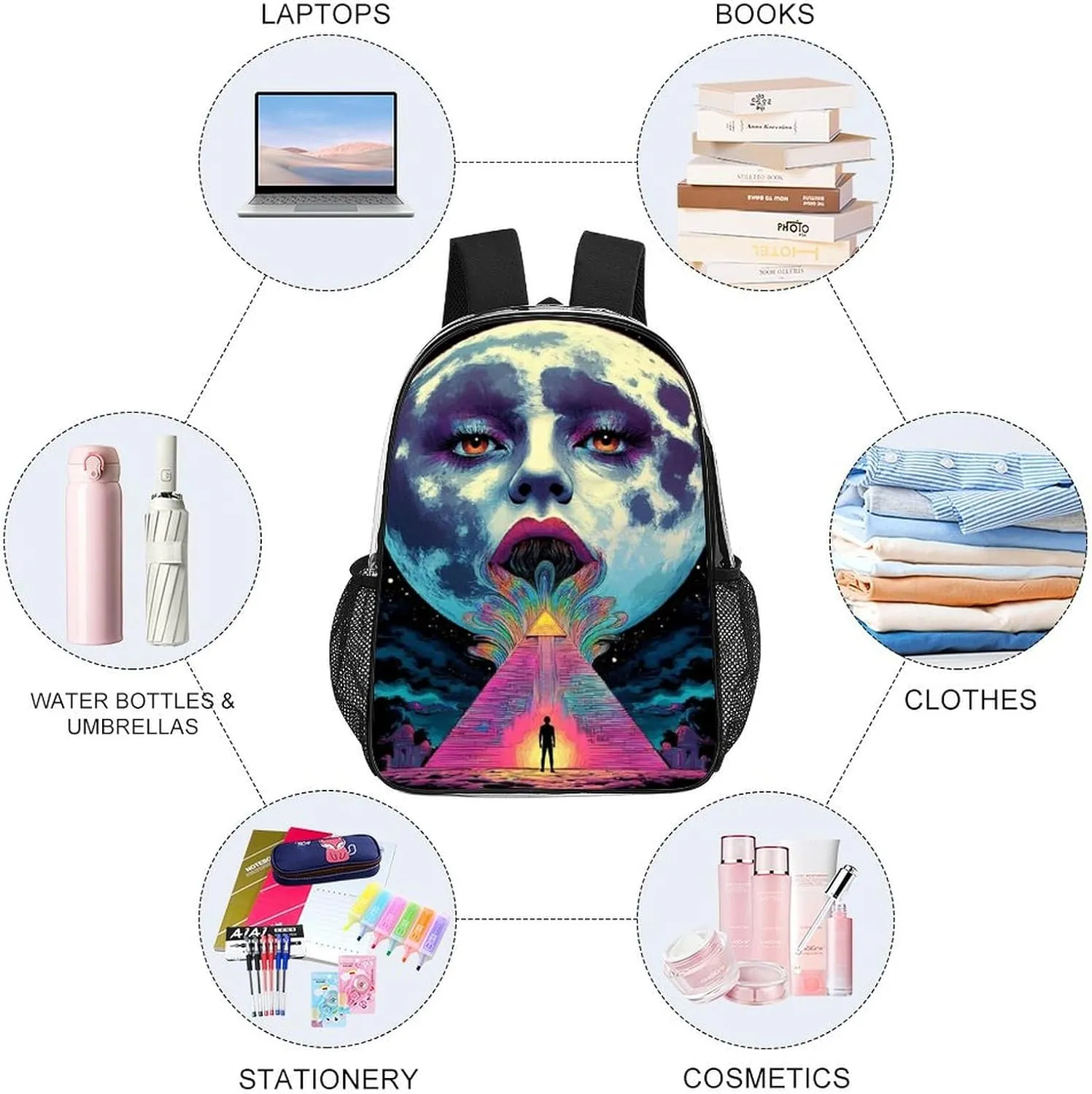 Women Men Transparent Abstract Egyptian Pyramid Spaceship Art Casual Daypack Large Capacity Bookbag With Side Pockets for Sports Picnic Walking Cycling