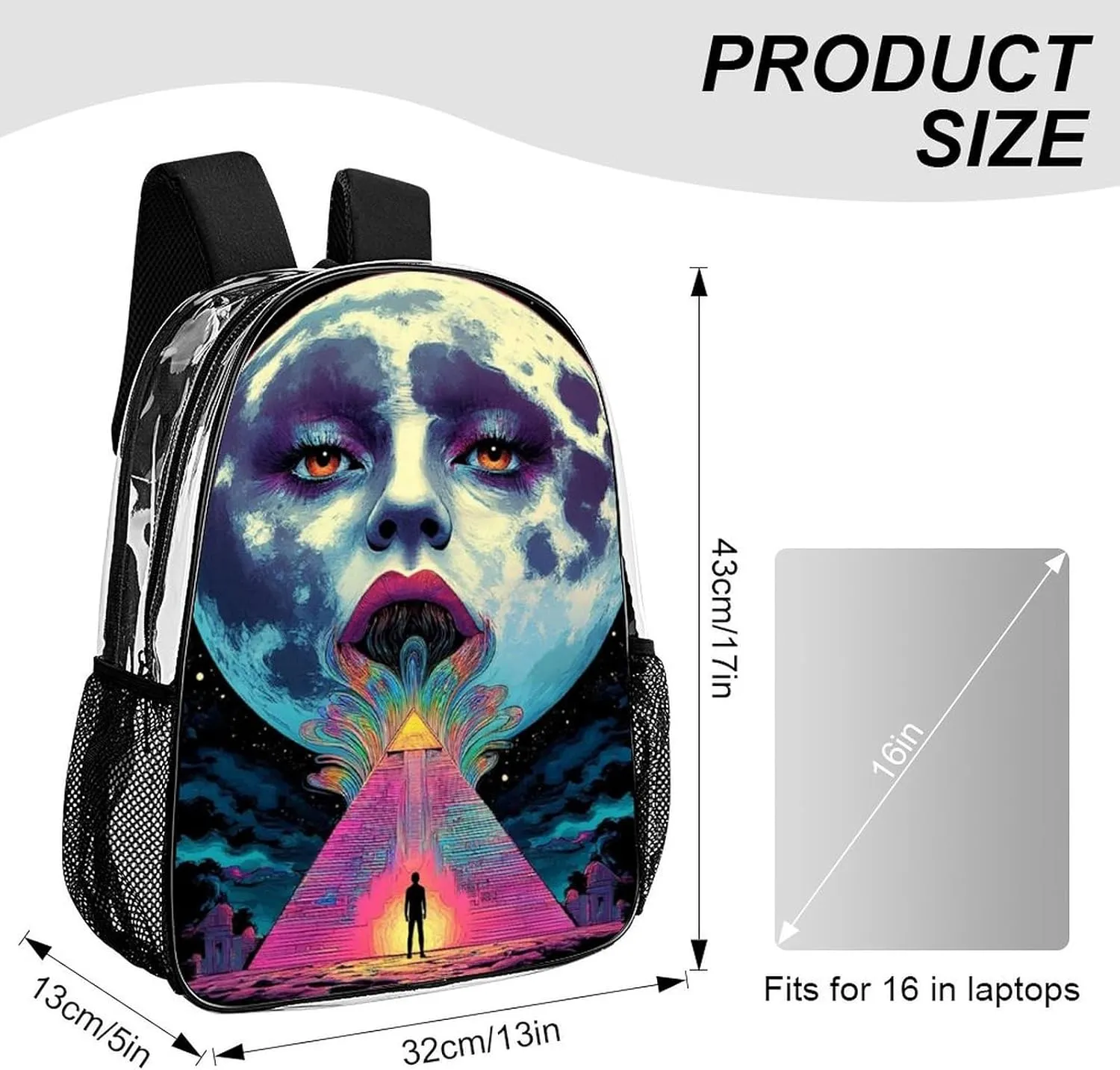Women Men Transparent Abstract Egyptian Pyramid Spaceship Art Casual Daypack Large Capacity Bookbag With Side Pockets for Sports Picnic Walking Cycling