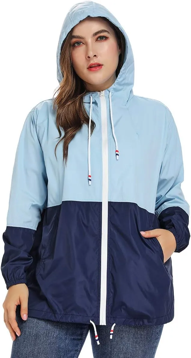 Women's Plus Size Rain Jacket Lightweight Hooded Rain Coat Windbreaker