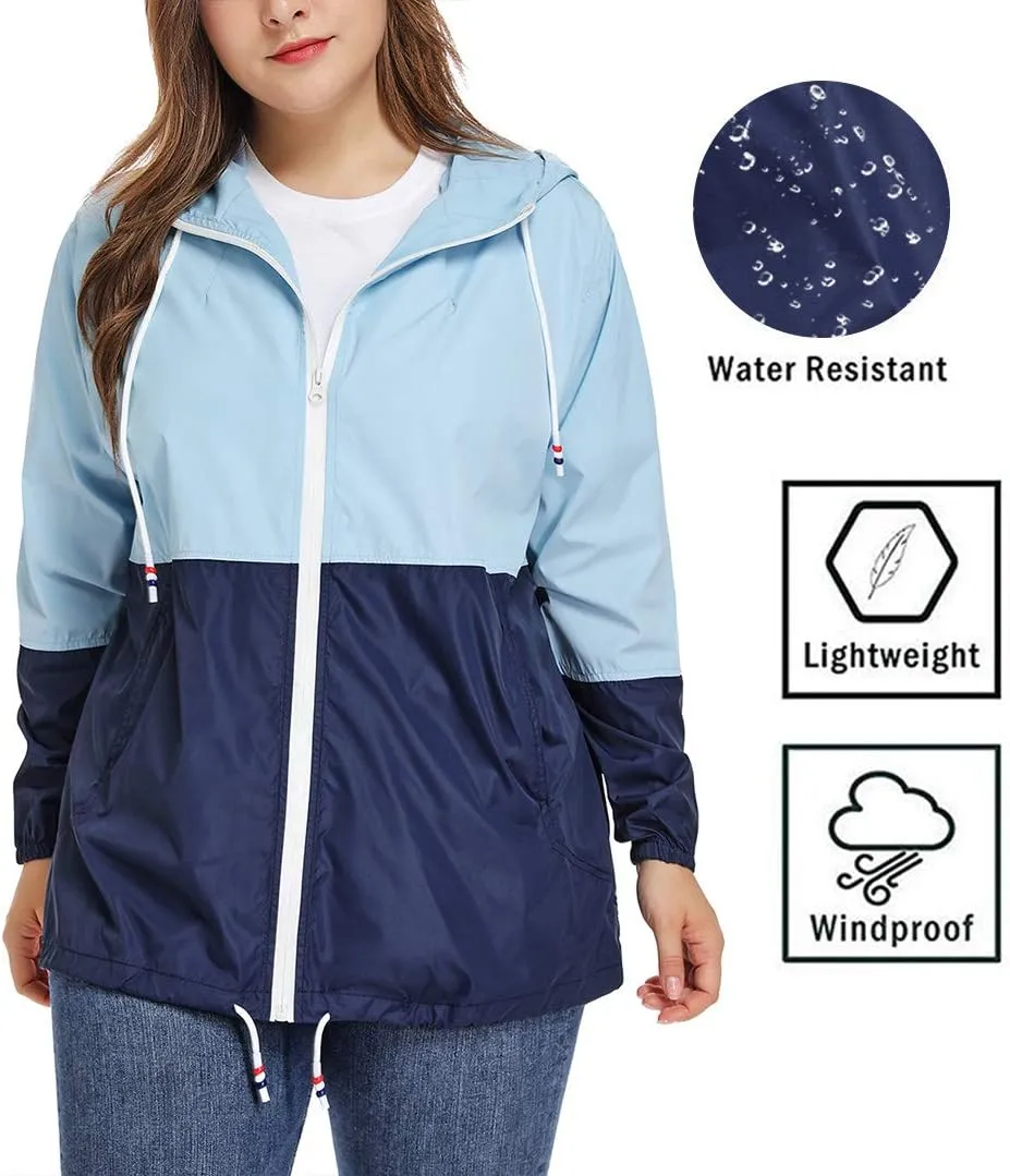 Women's Plus Size Rain Jacket Lightweight Hooded Rain Coat Windbreaker