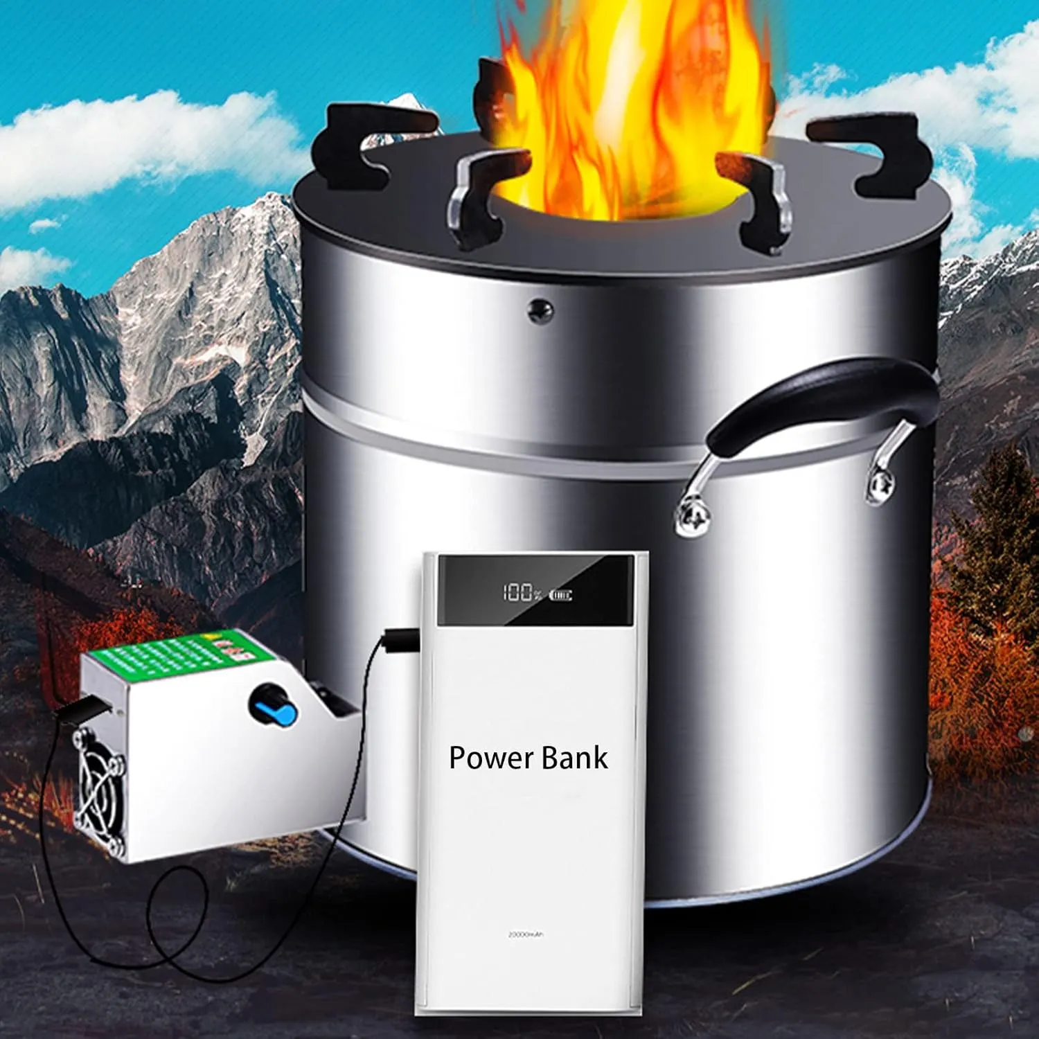 Wood Burning Stove with Pot Stand Stainless Steel and Compact Stove Camping Stove Portable for Backpacking, Camping, and Survival with USB Blower