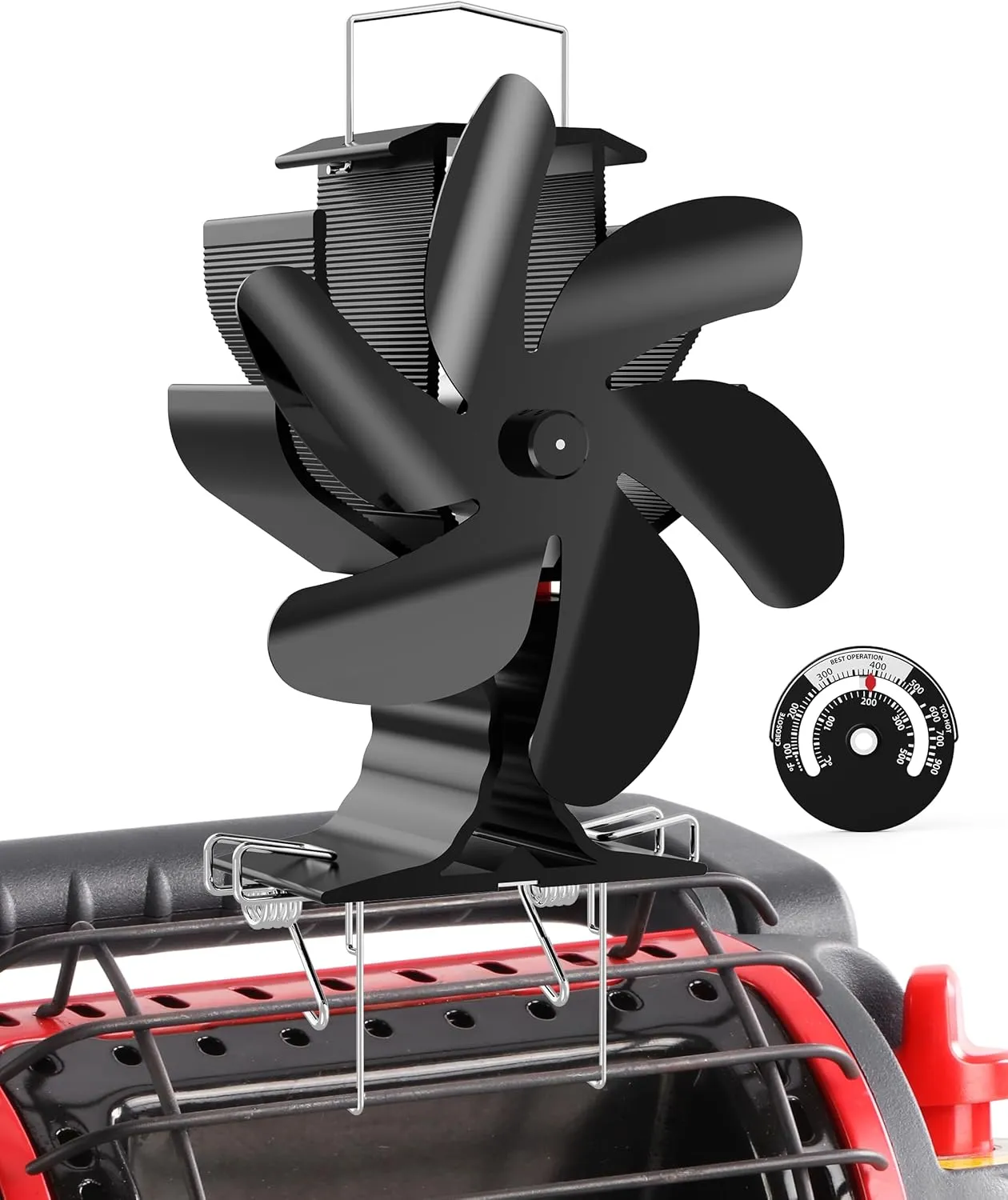 Wood Stove Fan for Heater, Heat Powered Fireplace 6 Blades Fan with Bracket Compatible for Buddy Heater,Thermal Tent Heater Fan for Camping Propane Heater with Magnetic Thermometer