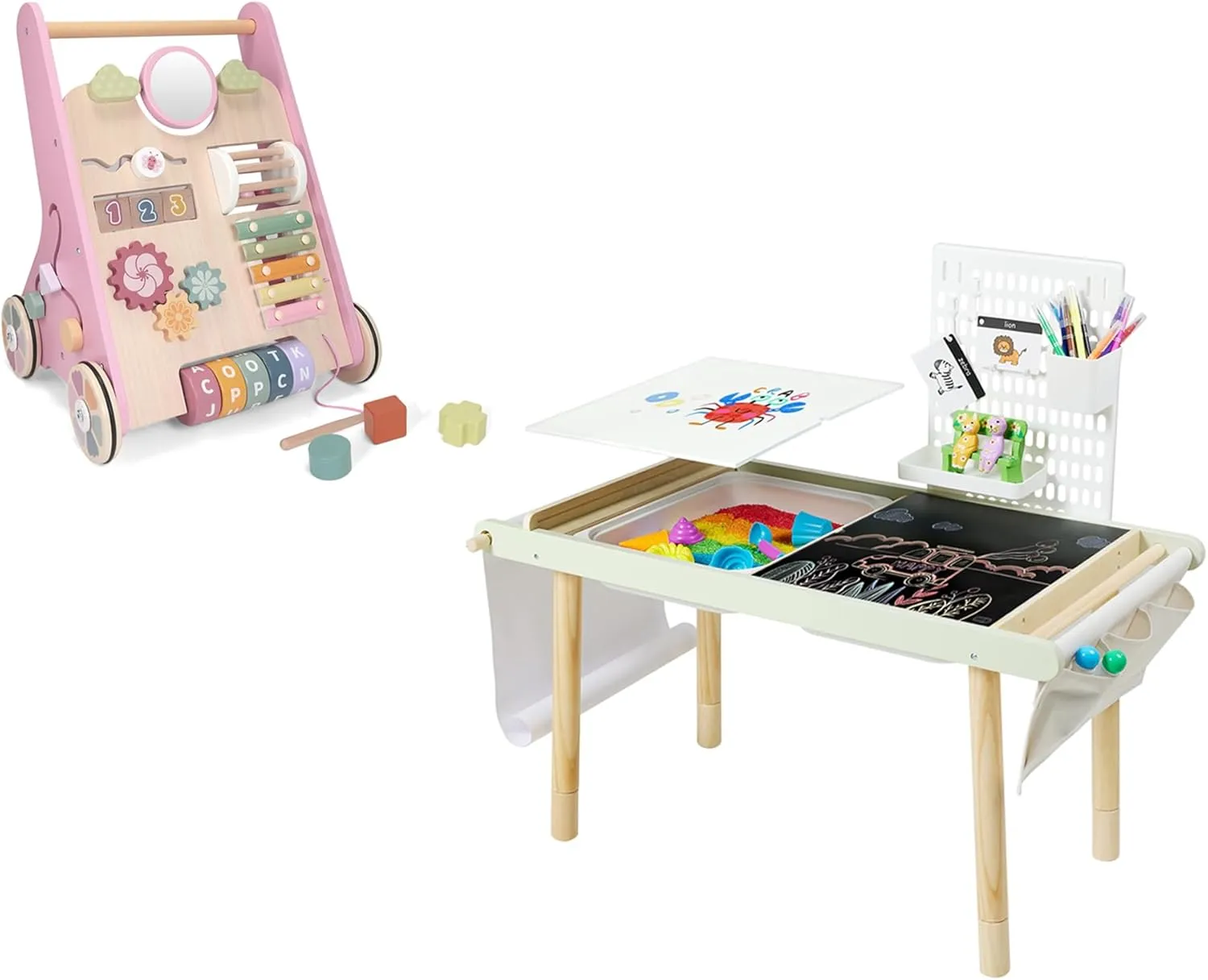 Wooden Baby Walker Wooden Push Walker for Babies & Sensory Table for Toddlers 1-3 Sensory Table for Kids 5-7