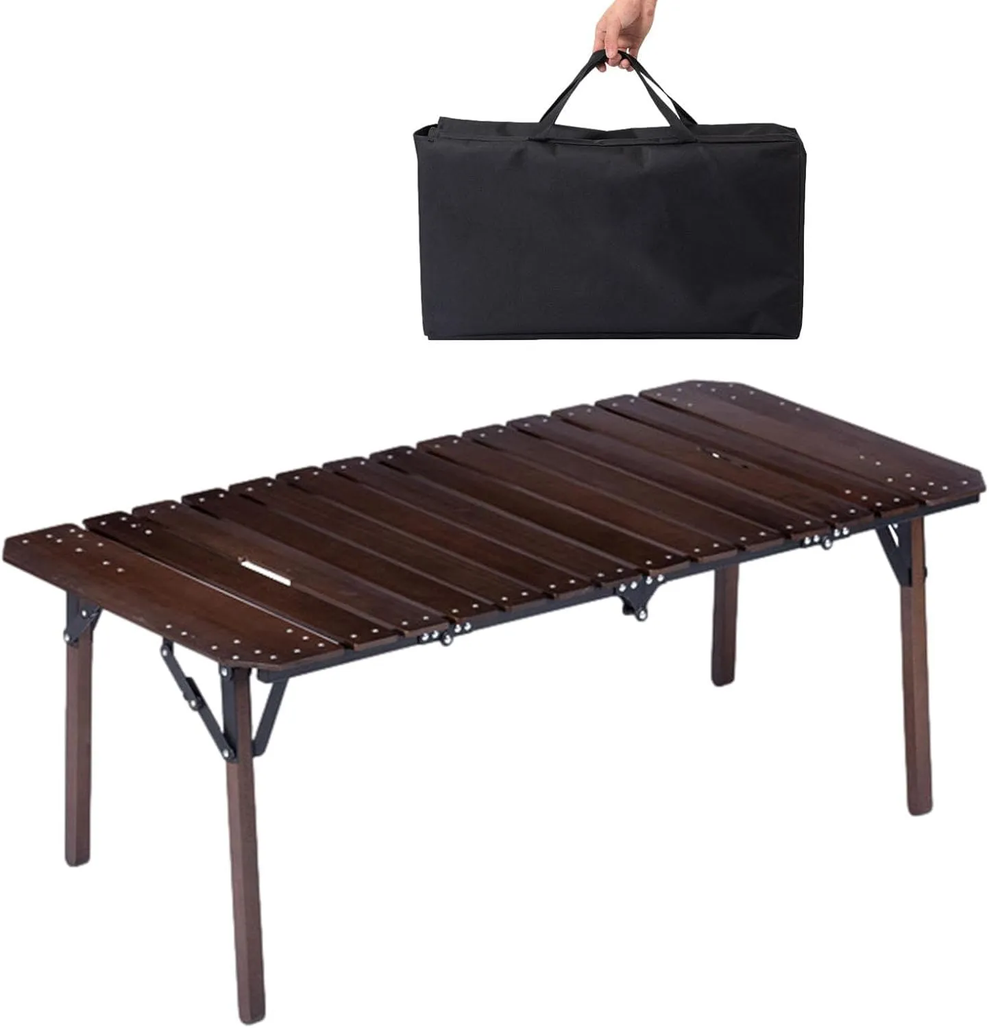 Wooden Portable Camp Kitchen Table, Outdoor Grilling Foldable Tables, Rectangle Aluminum Desktop Roll Up Table Top, Portable Camp Kitchen with Utensil Tables, Foldable Camping Table with Adjustable
