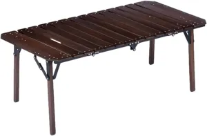 Wooden Portable Camp Kitchen Table, Outdoor Grilling Foldable Tables, Rectangle Aluminum Desktop Roll Up Table Top, Portable Camp Kitchen with Utensil Tables, Foldable Camping Table with Adjustable