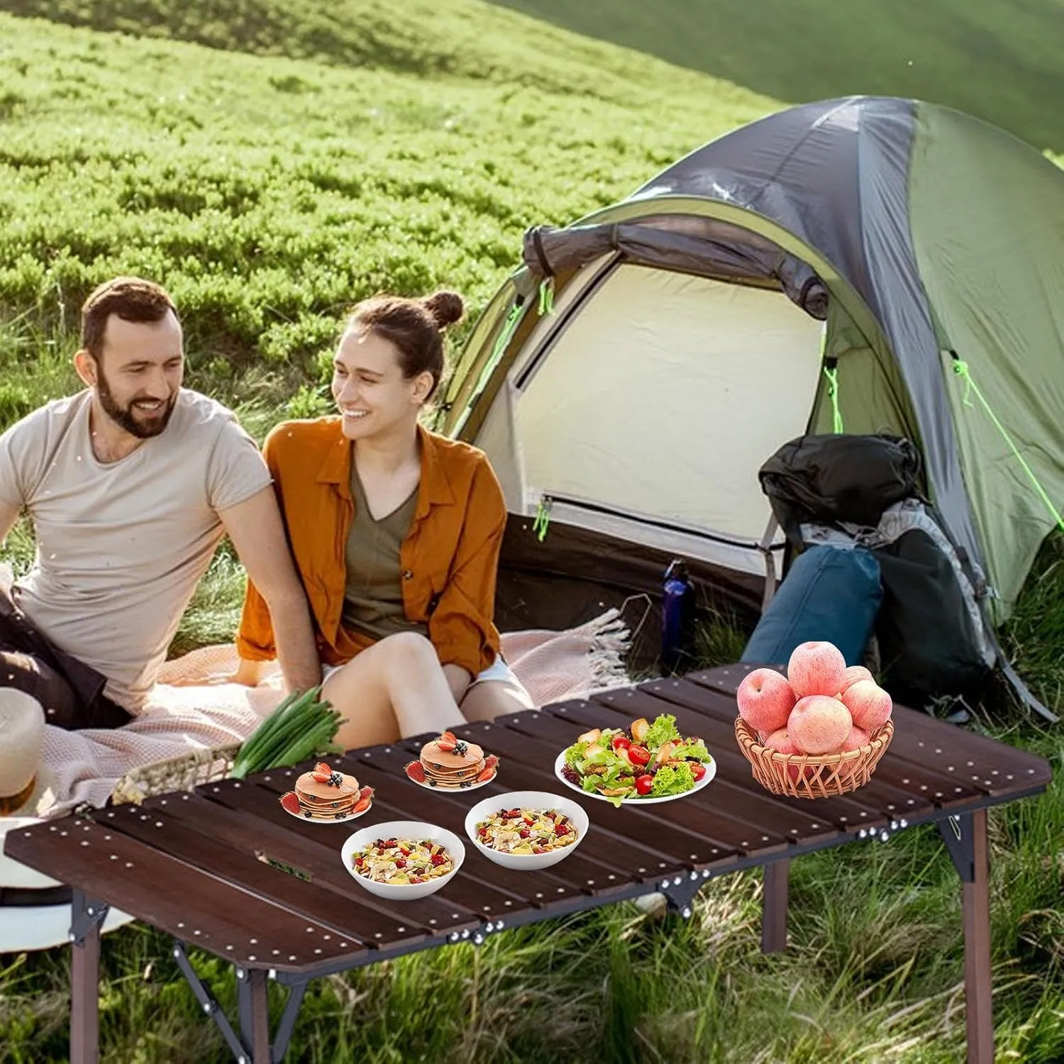 Wooden Portable Camp Kitchen Table, Outdoor Grilling Foldable Tables, Rectangle Aluminum Desktop Roll Up Table Top, Portable Camp Kitchen with Utensil Tables, Foldable Camping Table with Adjustable