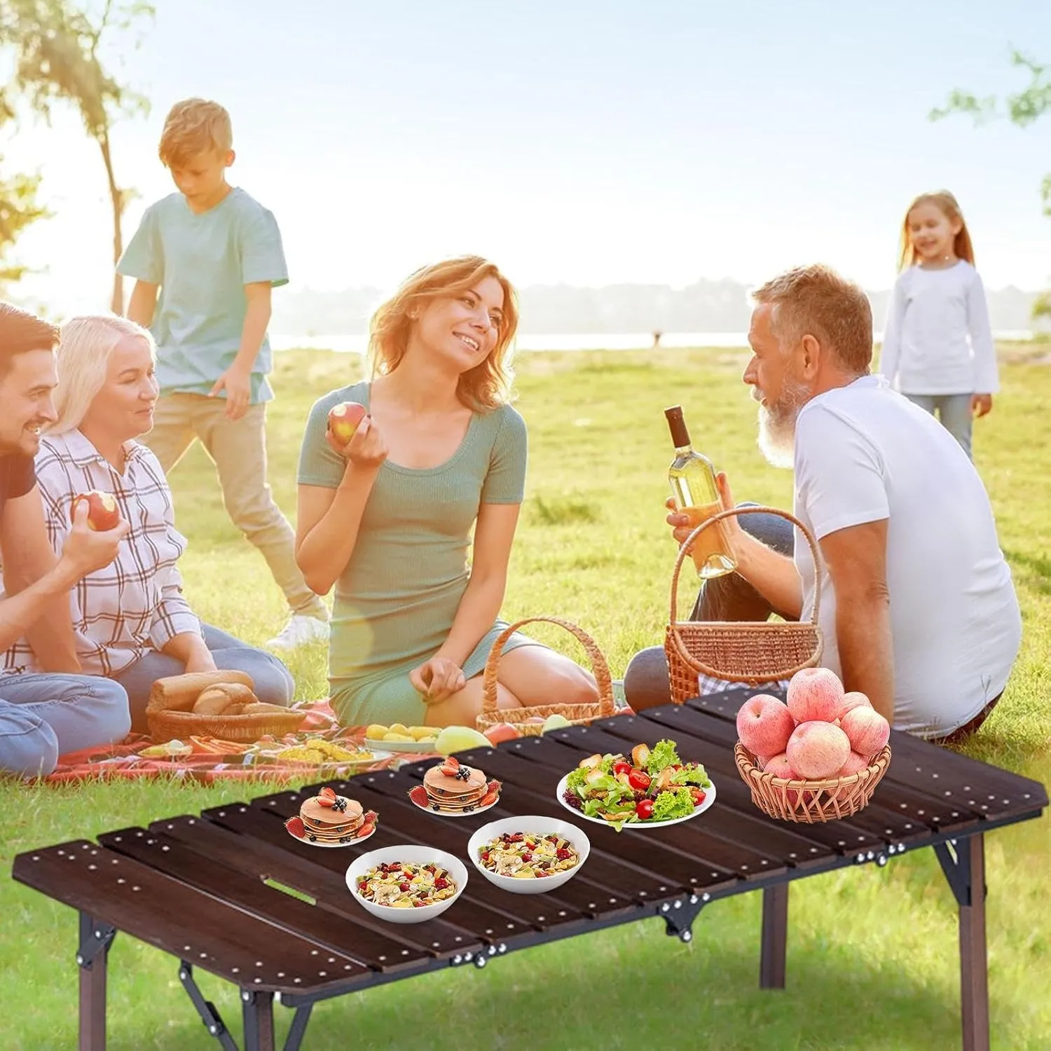 Wooden Portable Camp Kitchen Table, Outdoor Grilling Foldable Tables, Rectangle Aluminum Desktop Roll Up Table Top, Portable Camp Kitchen with Utensil Tables, Foldable Camping Table with Adjustable