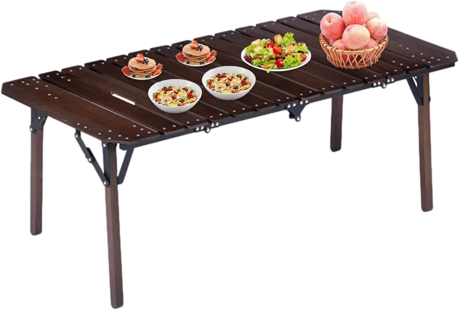 Wooden Portable Camp Kitchen Table, Outdoor Grilling Foldable Tables, Rectangle Aluminum Desktop Roll Up Table Top, Portable Camp Kitchen with Utensil Tables, Foldable Camping Table with Adjustable