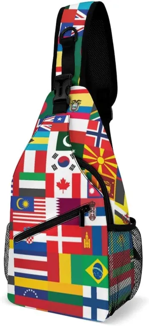 World Flag Printed Crossbody Small Sling Backpack Sling Bag Chest Bags Daypack for Travel Sport, 38x20cm