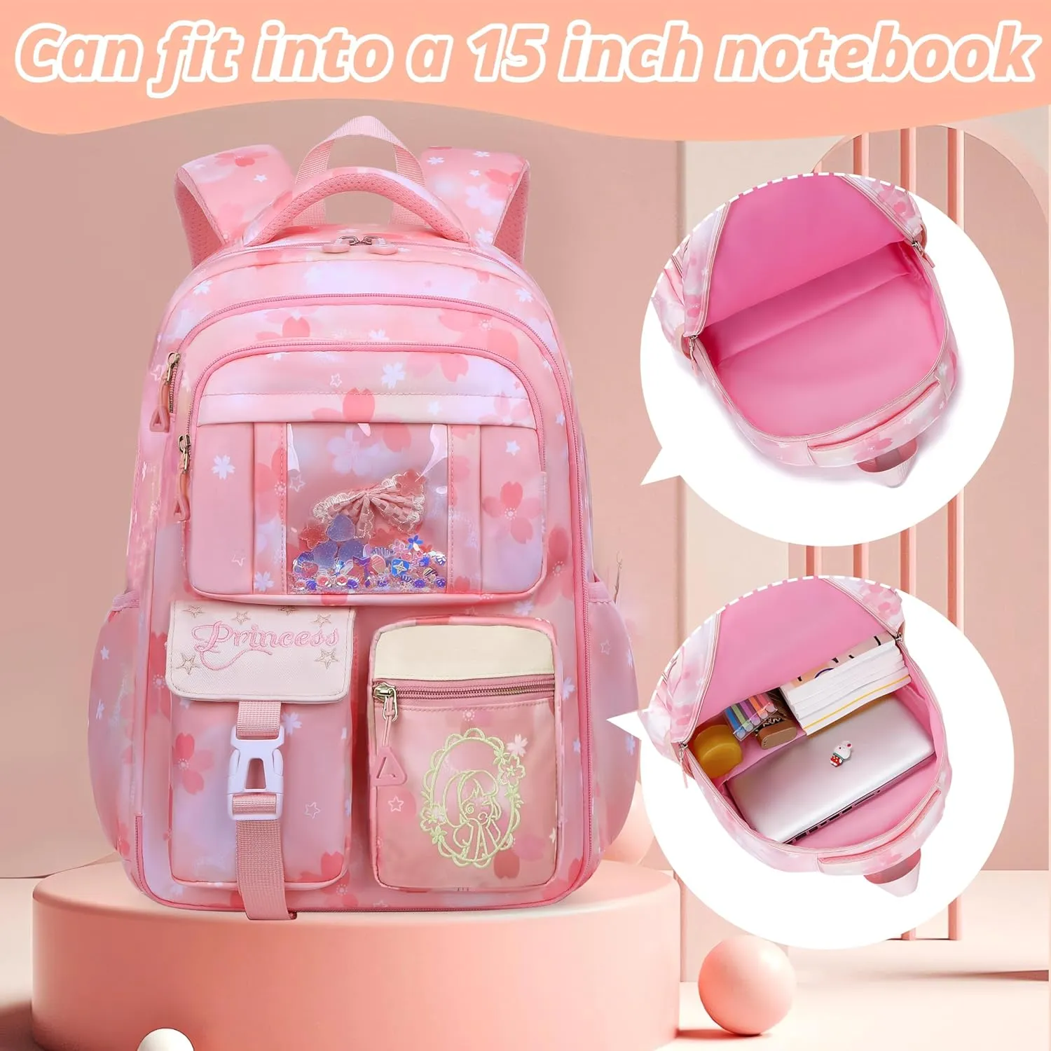 Wraifa Girls Backpack and Lunch Box Set - Sequin Backpack for Girls Elementary School Preschool Princess Kids Bookbag (Lunch Bag Set Pink)