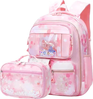 Wraifa Girls Backpack and Lunch Box Set - Sequin Backpack for Girls Elementary School Preschool Princess Kids Bookbag (Lunch Bag Set Pink)